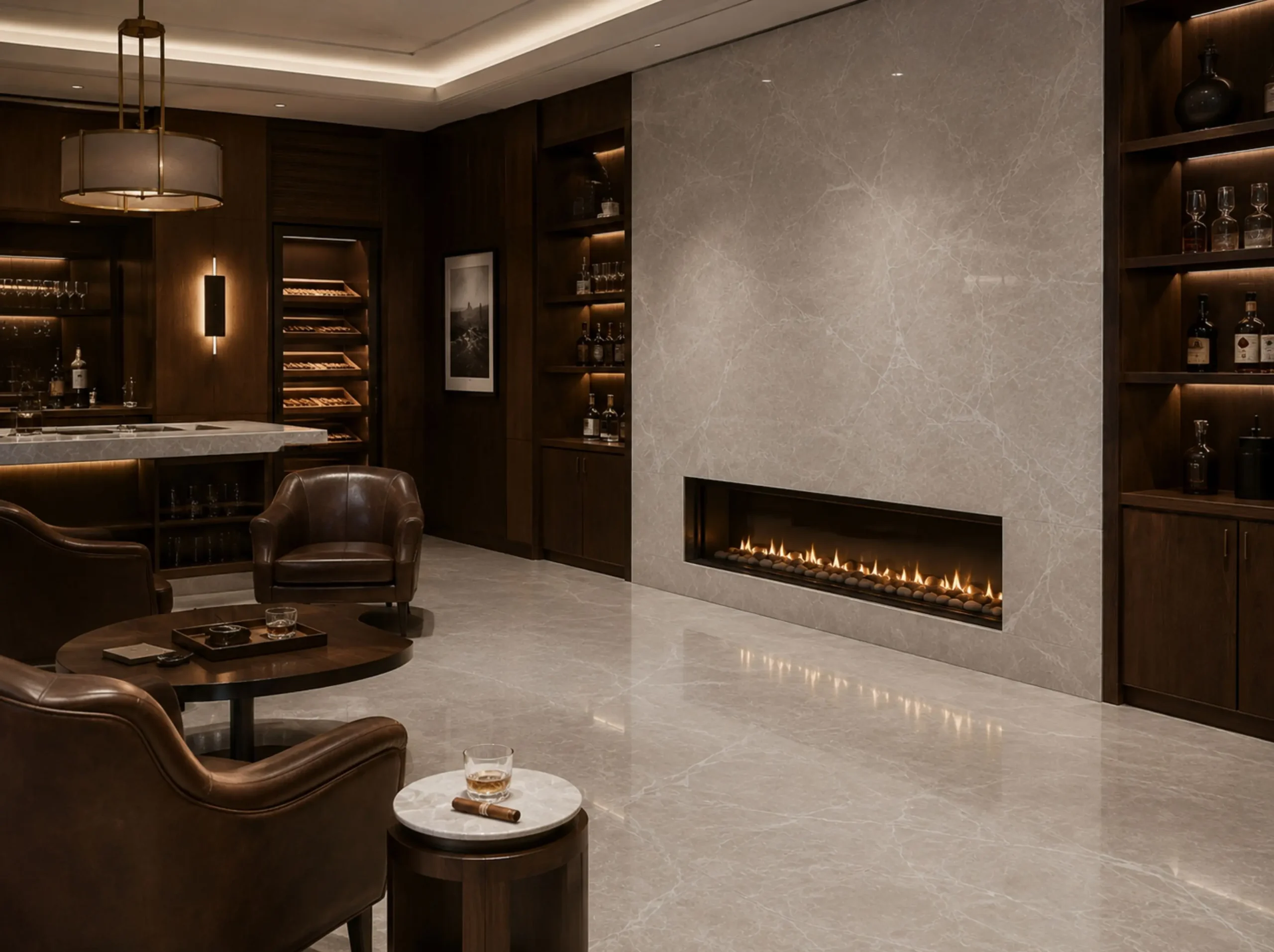 Milan Grey Marble used for luxury lounge fireplace and floor