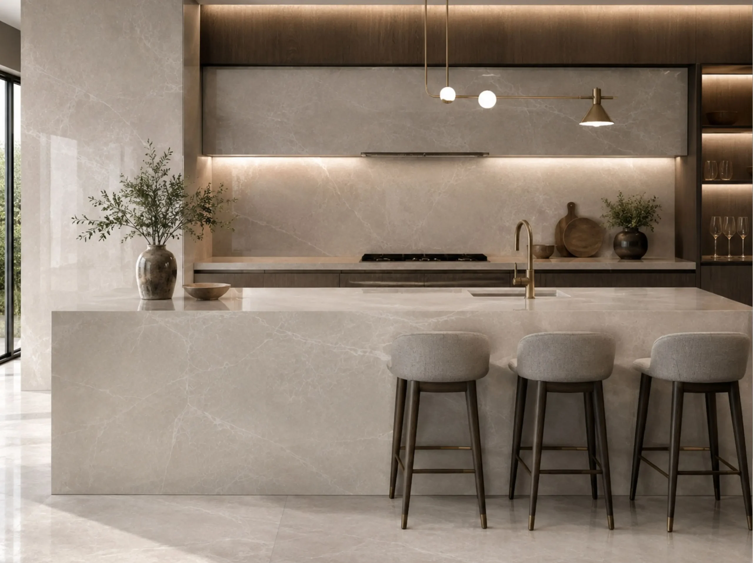 Modern Gray Marble used for kitchen island and full height backsplash