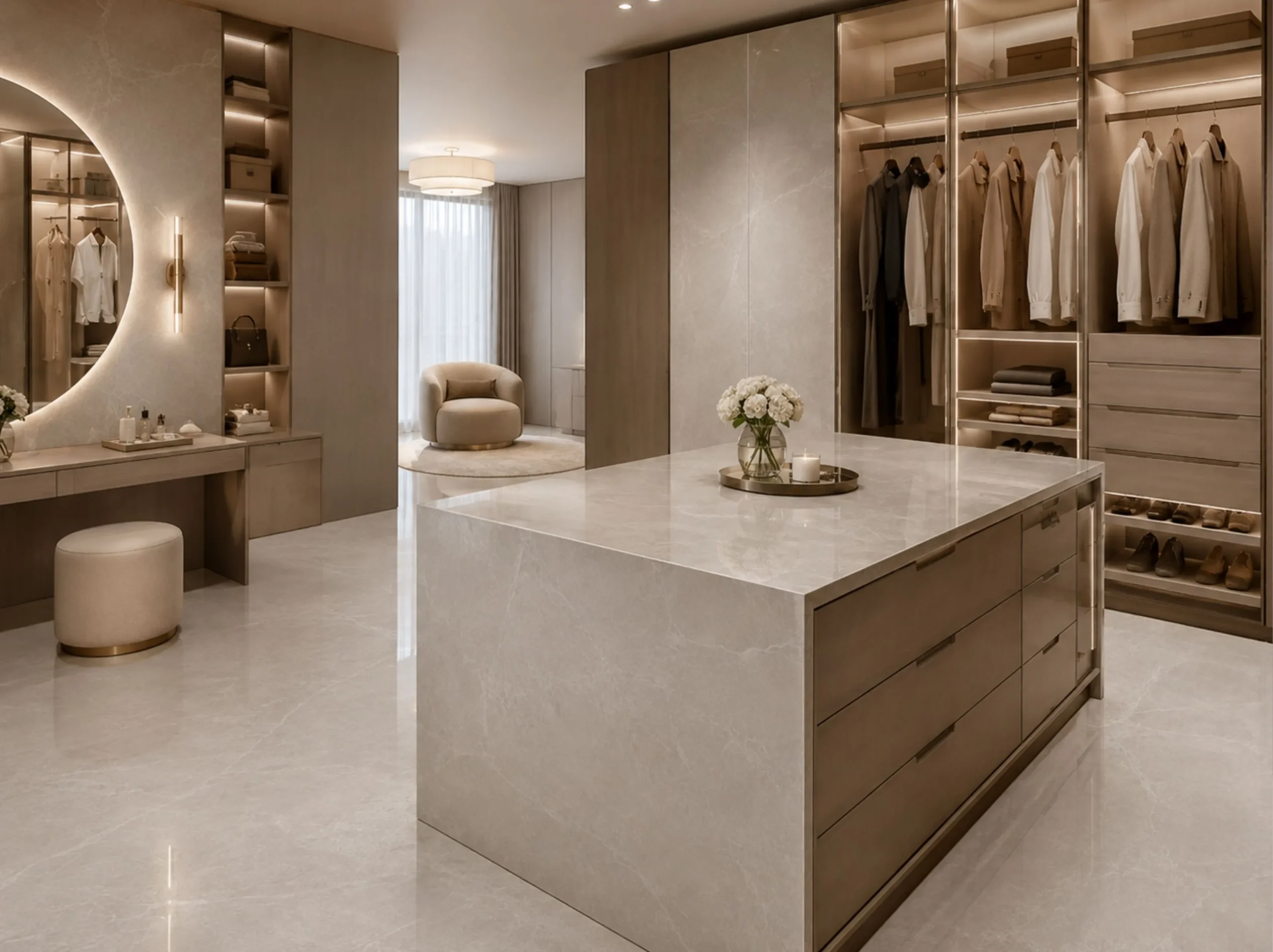 Modern Gray Marble used for walk in closet island and vanity