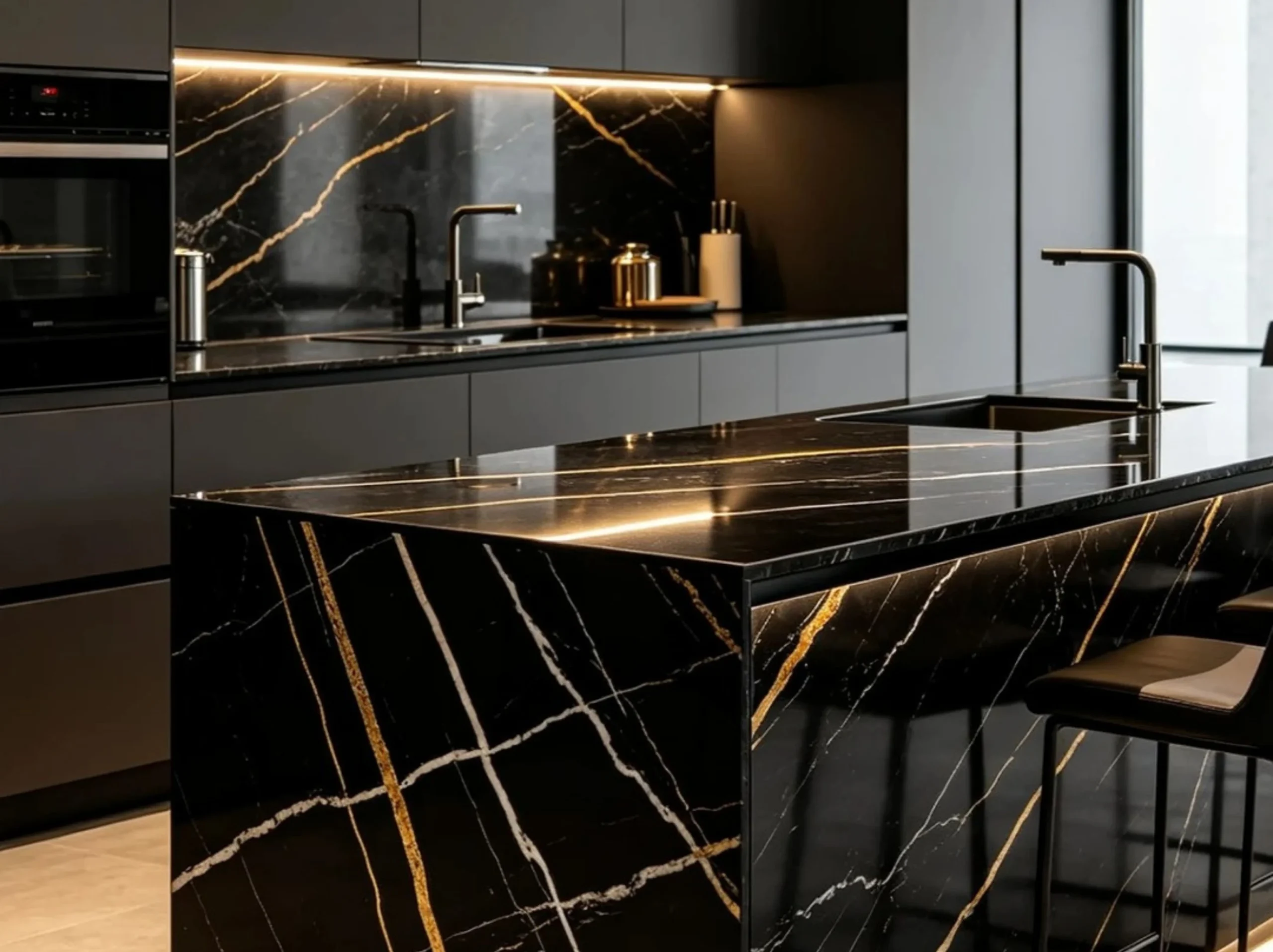 Noir Aziza Marble kitchen island countertop and backsplash for a luxury interior project