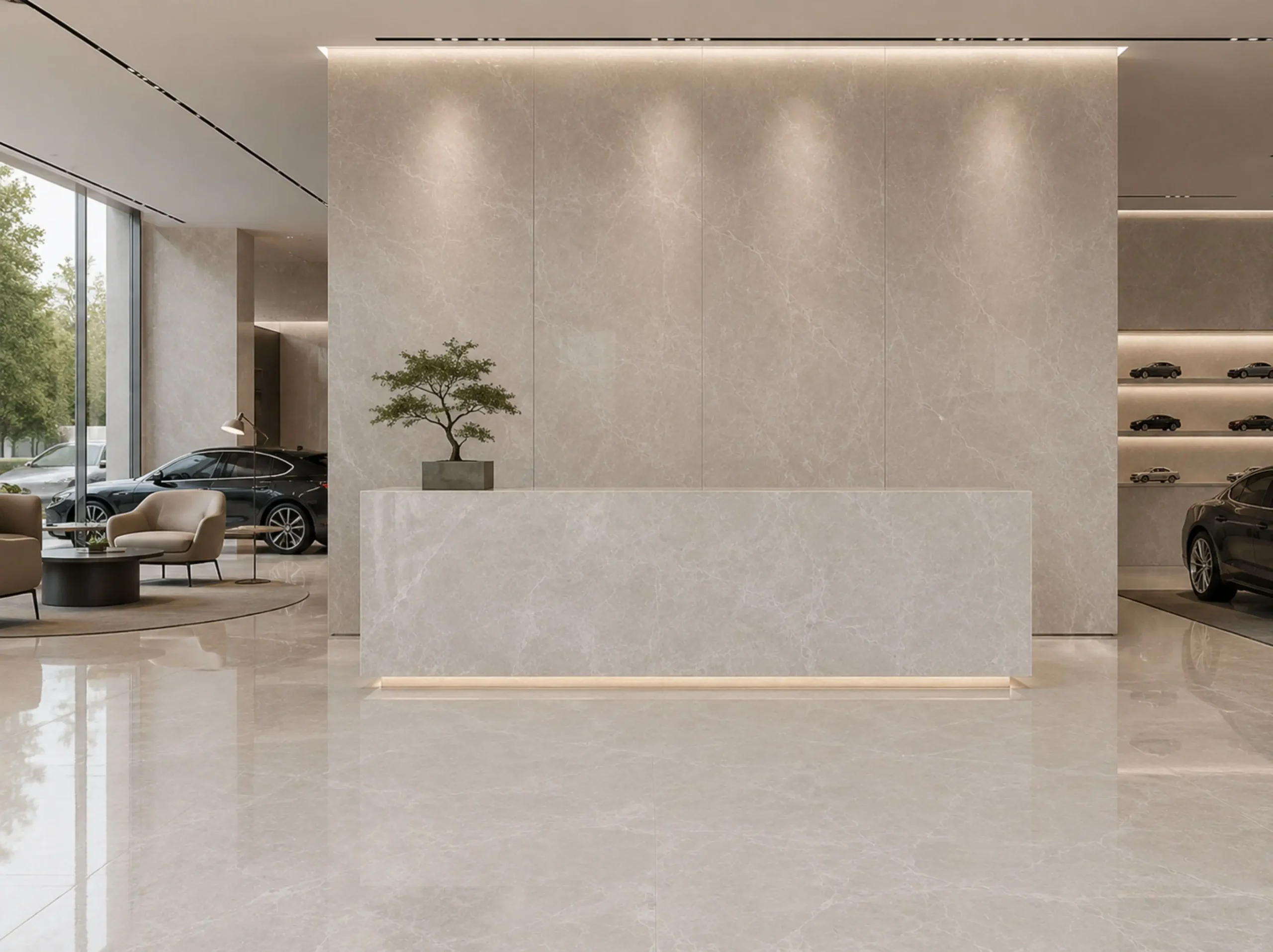 Nordic Grey Marble used for car showroom reception desk and feature wall