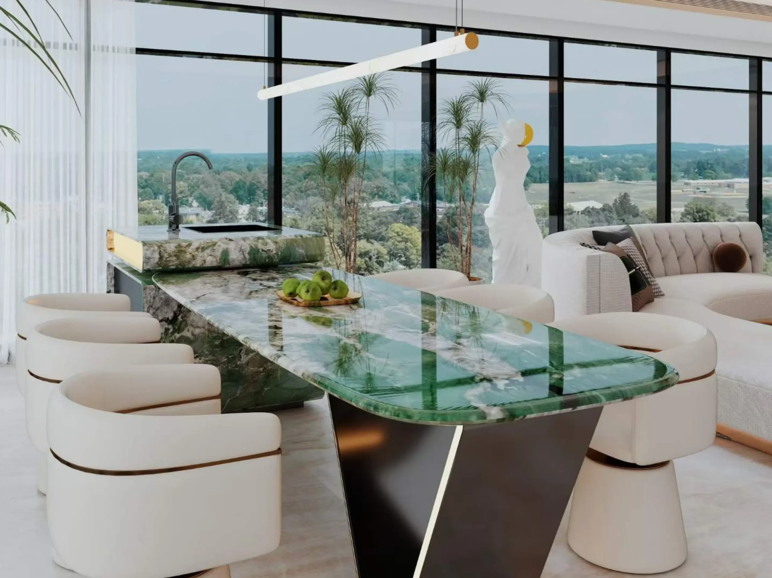 Patagonia Green Quartzite dining table and kitchen island countertop for a luxury interior project