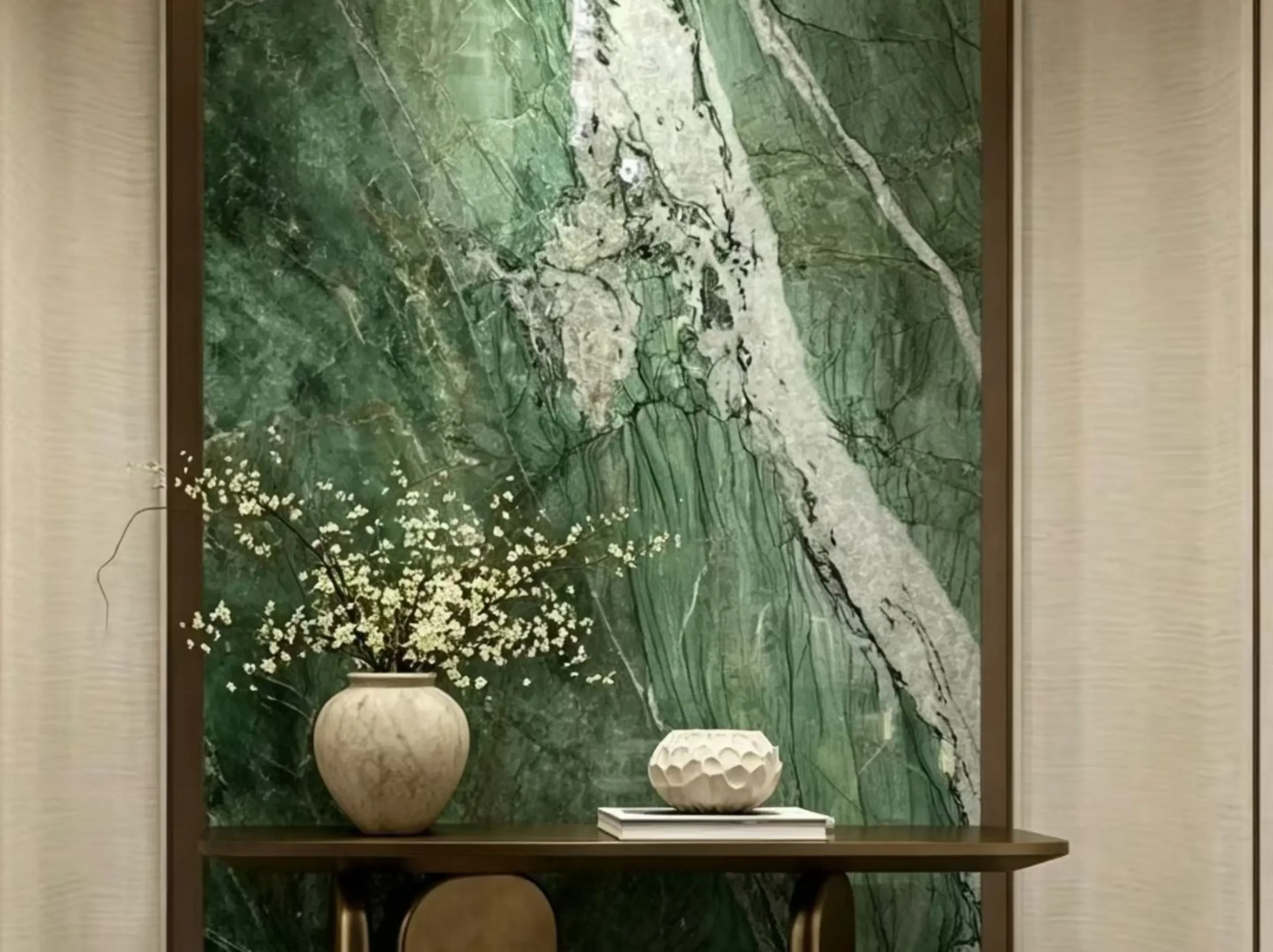 Patagonia Green Quartzite entryway console feature wall for a luxury interior project