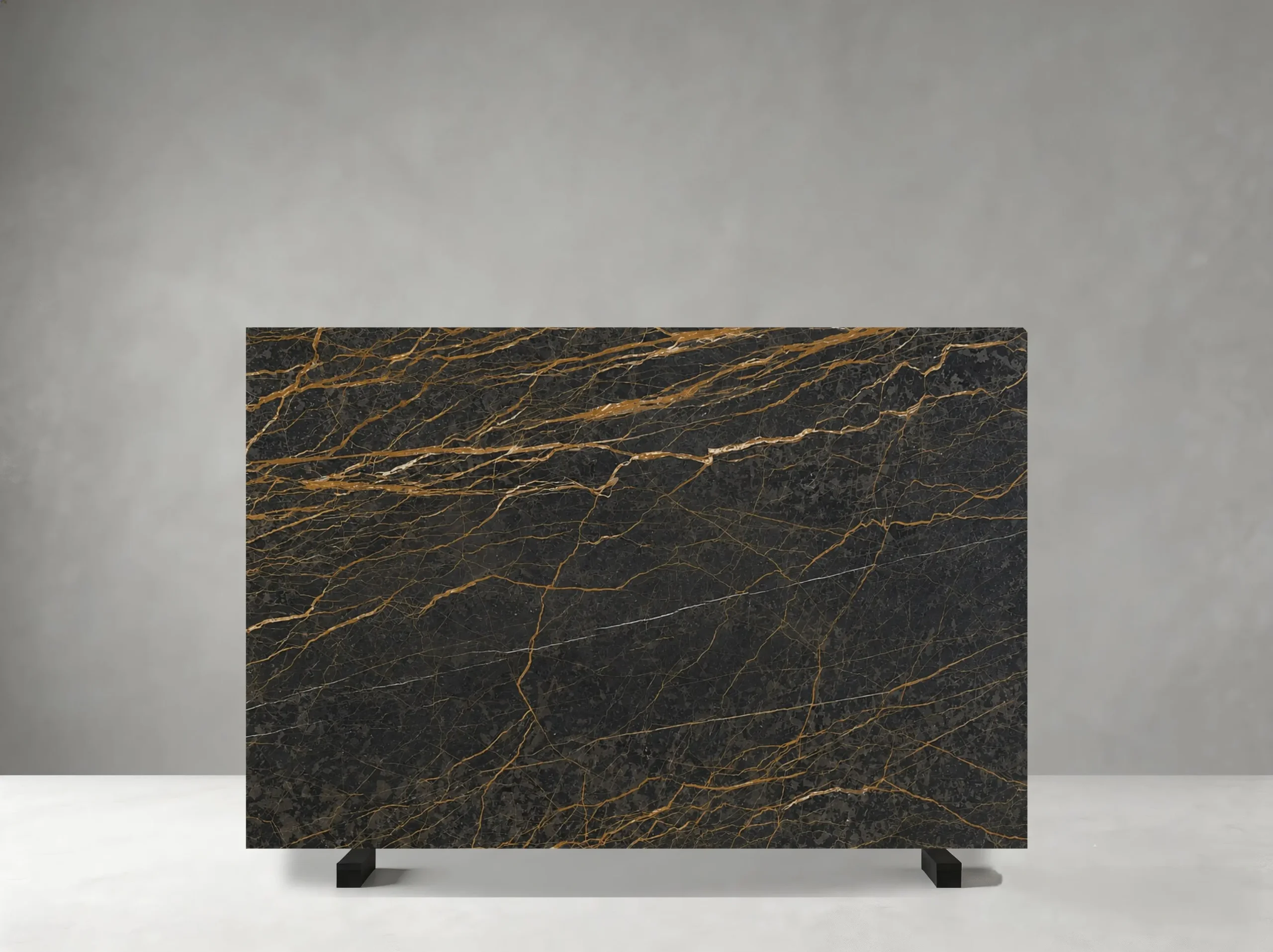 Port Saint Laurent Marble Slab 01 Port Saint Laurent Marble slab with dark chocolate, charcoal and black tones crossed by fine white and golden veins