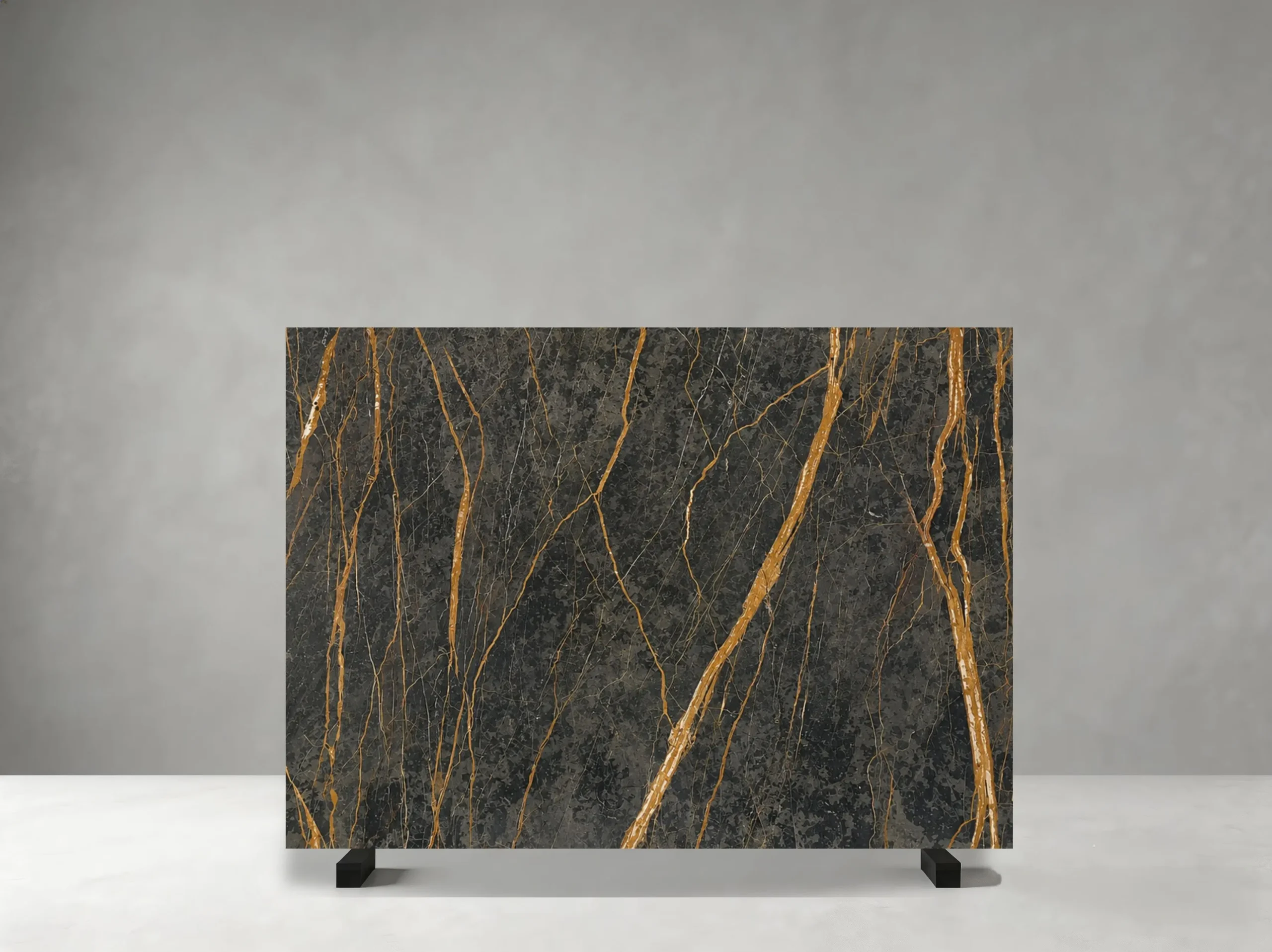 Port Saint Laurent Marble full slab showing dark chocolate, charcoal and black tones crossed by fine white and golden veins