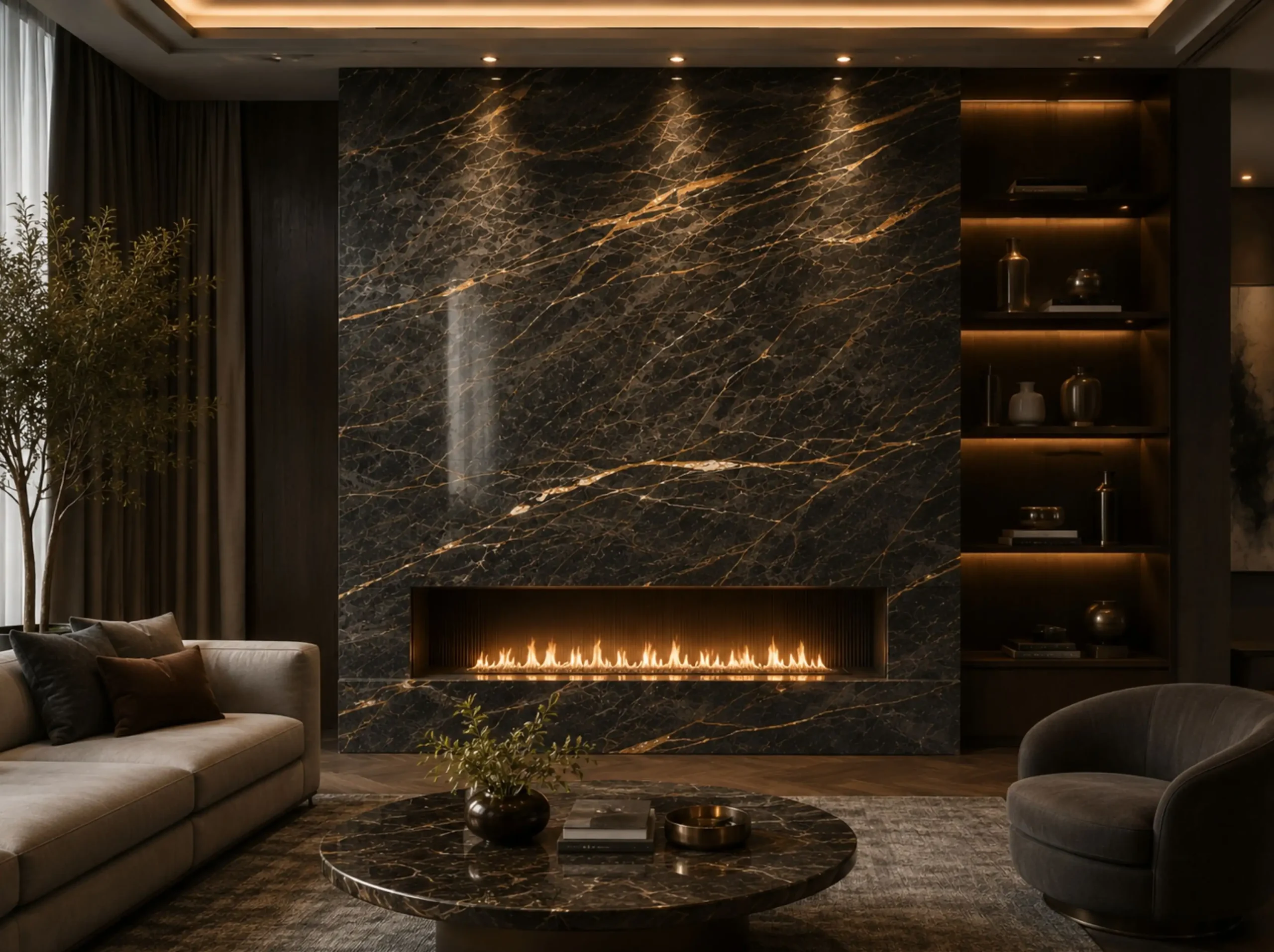 Porto St Laurent Marble fireplace feature wall for a luxury interior project
