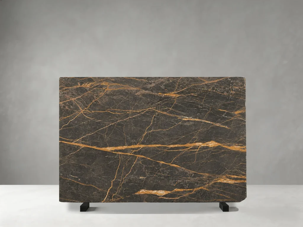 Porto St Laurent Marble slab with dark brown and charcoal tones with striking white and warm gold veining