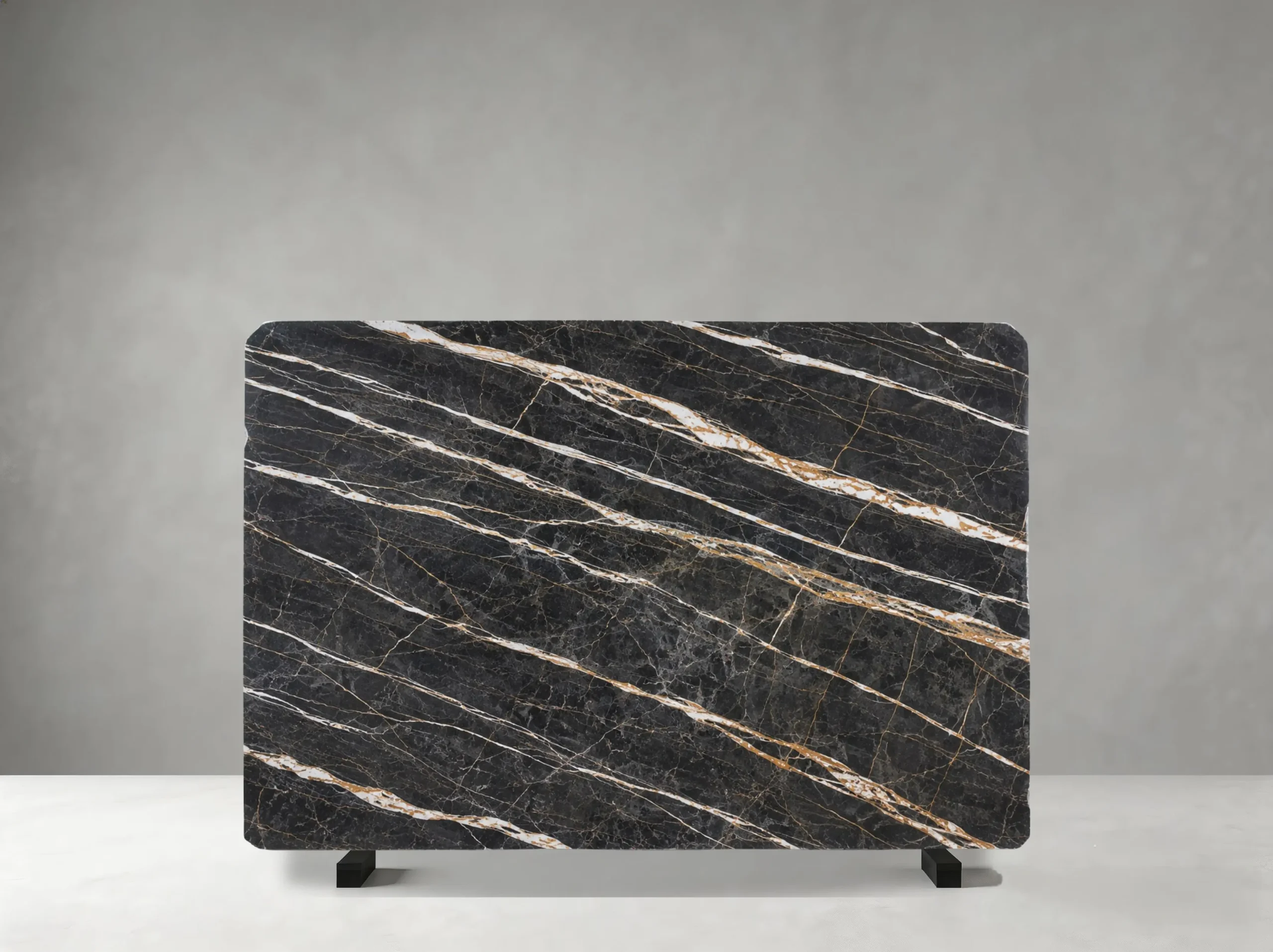 Porto St Laurent Marble full slab showing dark brown and charcoal tones with striking white and warm gold veining