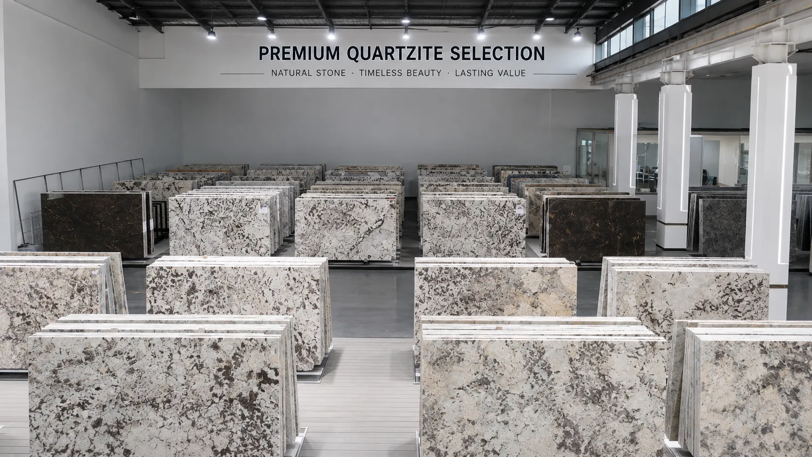 Quartzite Material Selection and Showroom Slabs Natural stone supplier material selection with multiple quartzite slabs available for project approval