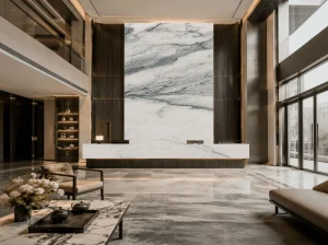 Santorini Marble hotel lobby reception feature wall application