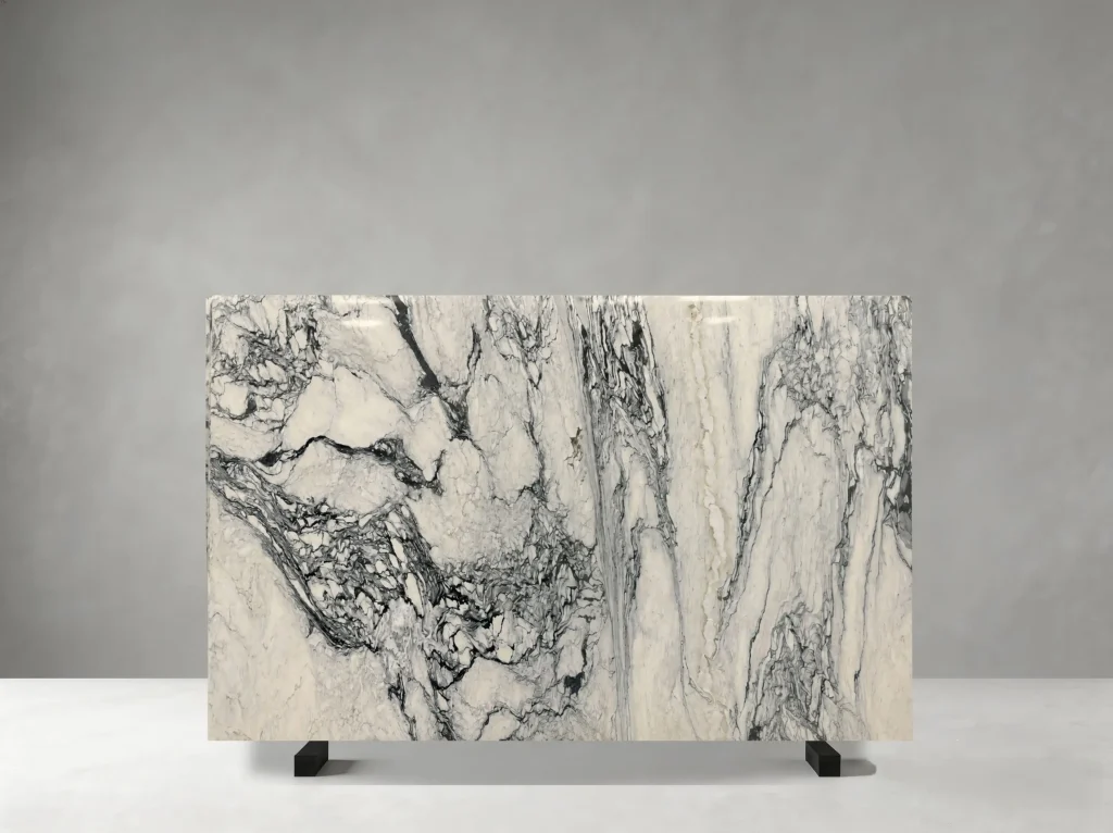 Santorini Marble polished slab 01 showing dramatic sweeping charcoal veins and cloud-like crystalline movement