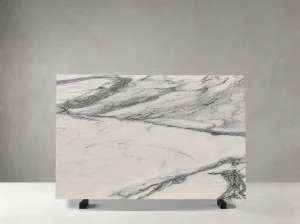 Santorini Marble polished slab 02 showing dramatic sweeping charcoal veins and cloud-like crystalline movement