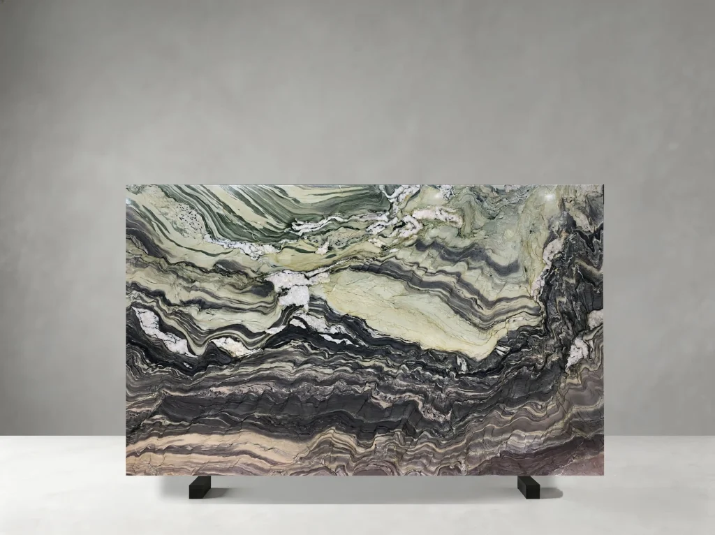 Silk Road Quartzite polished slab 01 showing dramatic sweeping folds and irregular layered waves