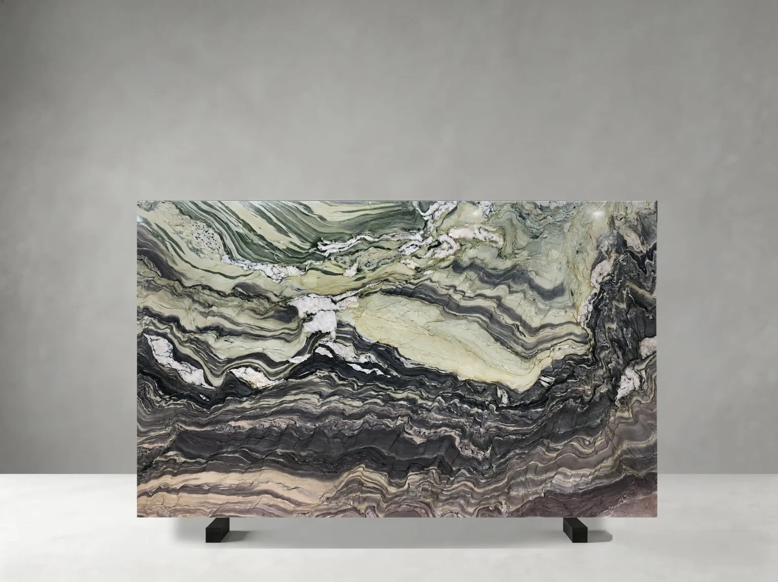 Silk Road Quartzite polished slab 01 showing dramatic sweeping folds and irregular layered waves