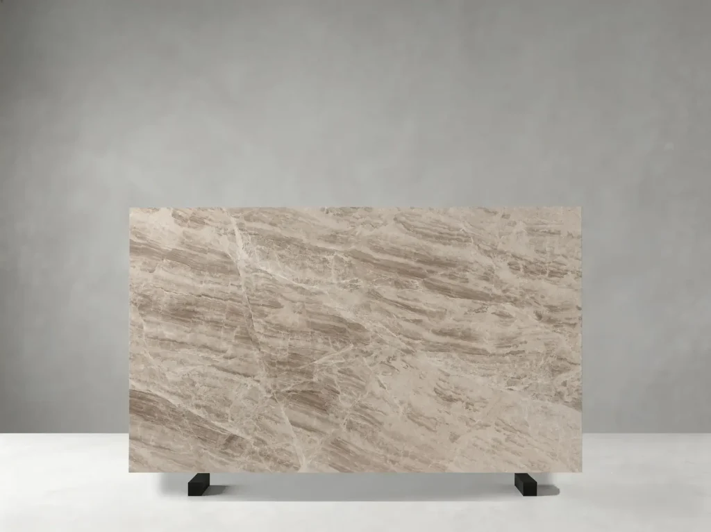 Silver Diana Marble polished slab with silver grey field and sweeping light taupe movement