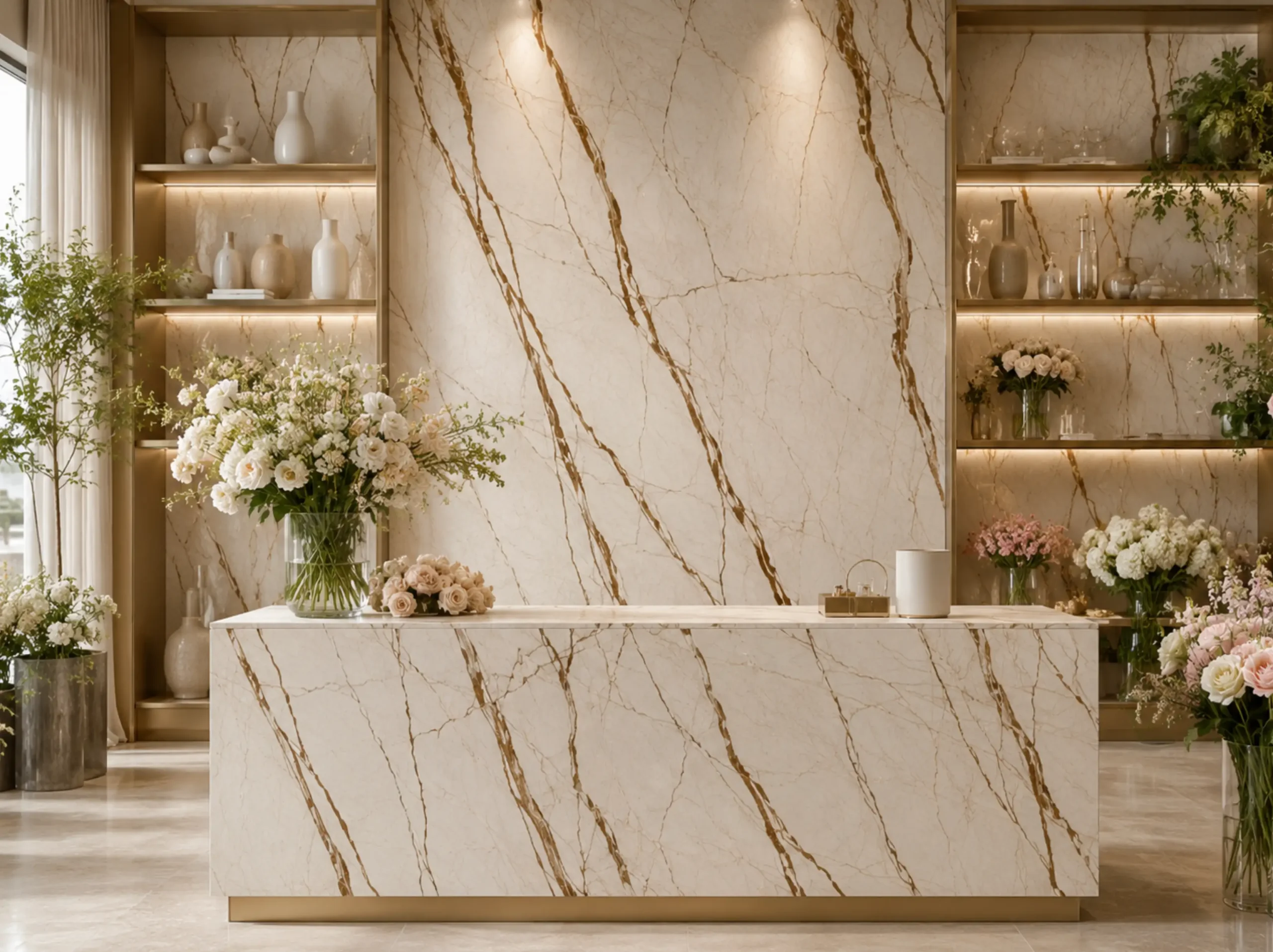 Sofita Golden Marble flower boutique reception desk for a luxury interior project