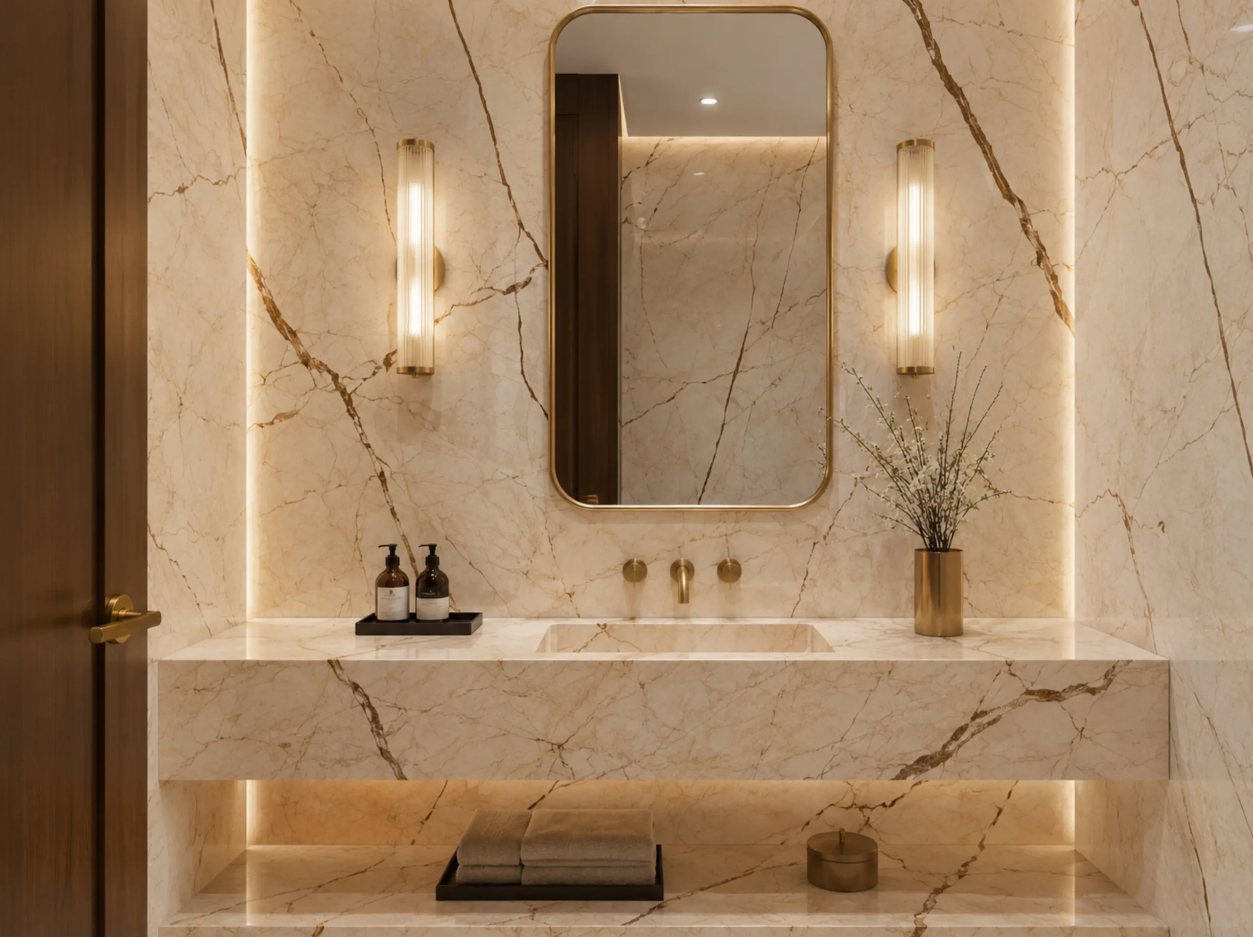 Sofitel Gold Marble powder room vanity wall for a luxury interior project