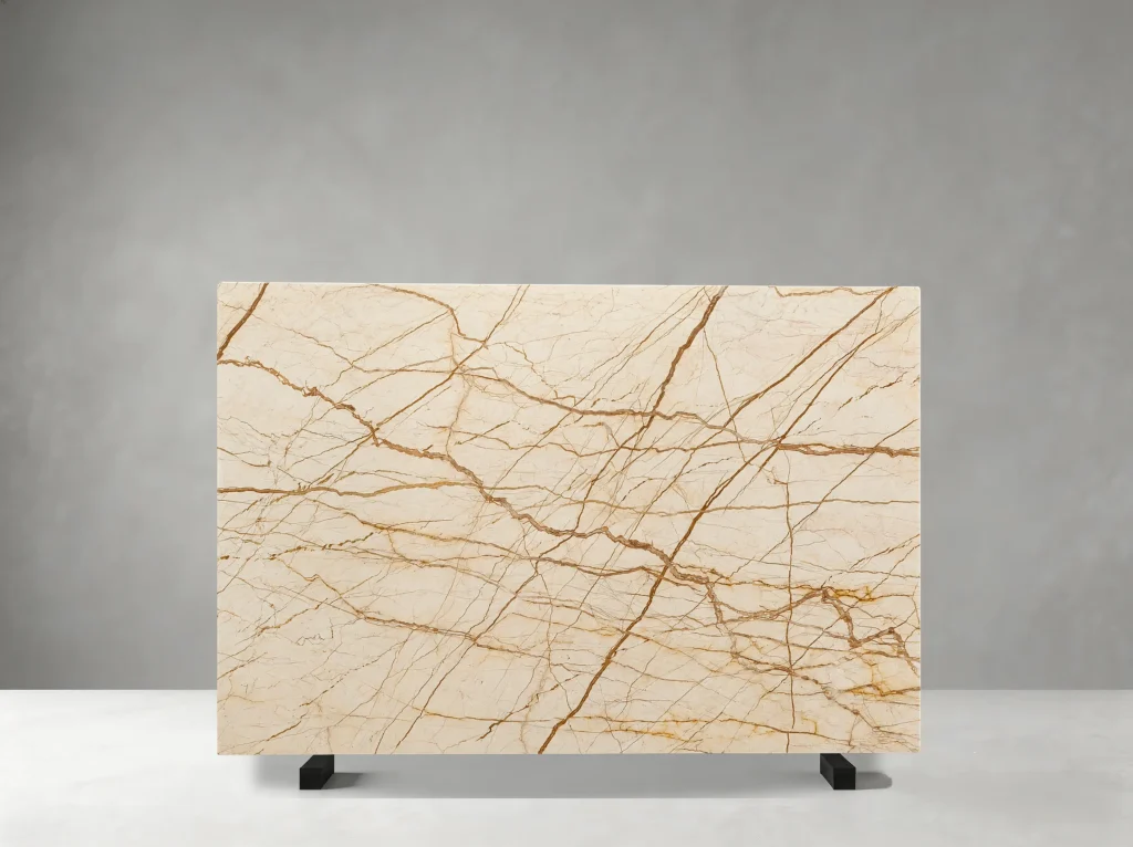 Sofitel Gold Marble slab with cream and beige tones enriched by warm gold and light brown veining