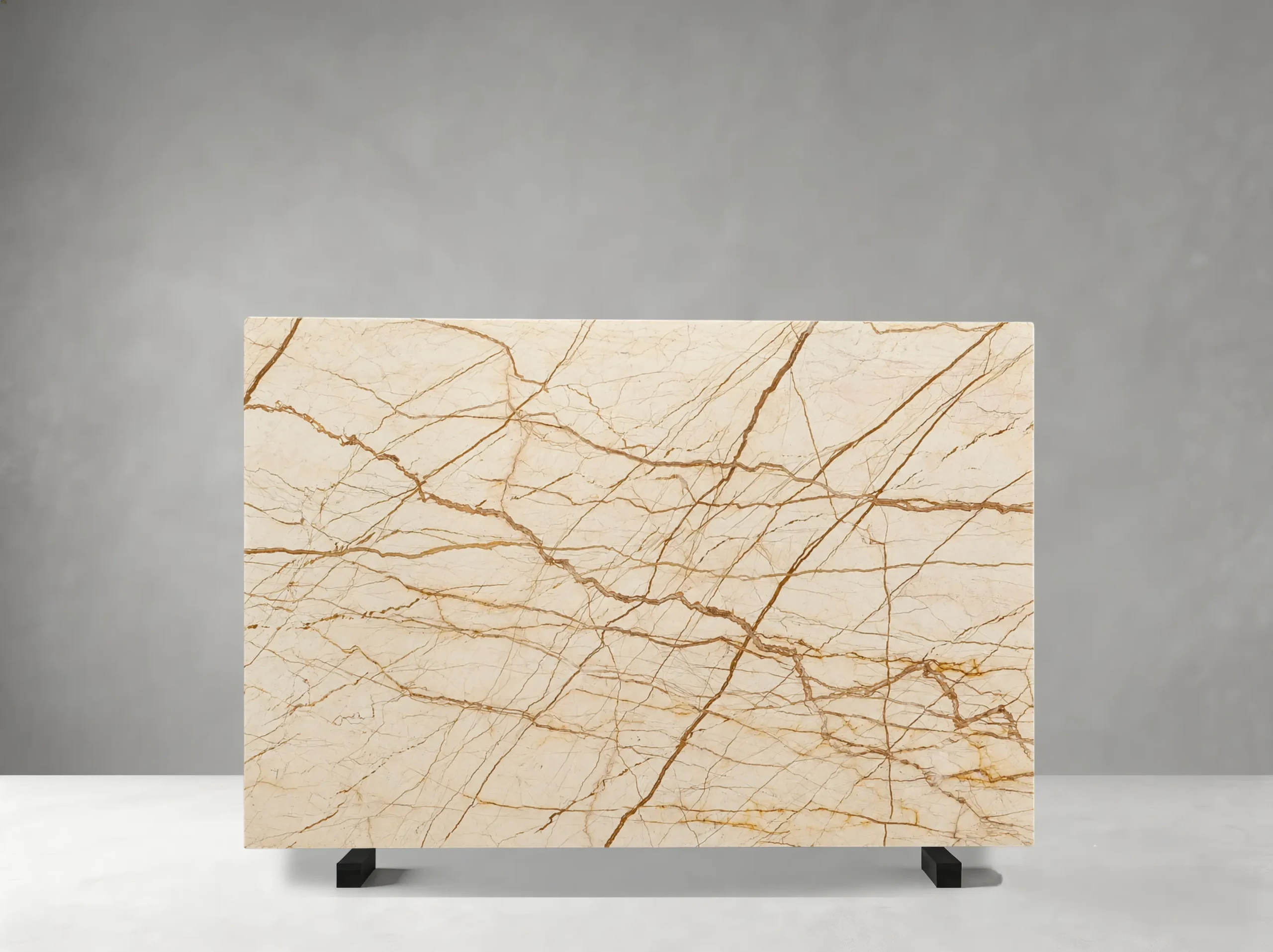 Sofitel Gold Marble slab with cream and beige tones enriched by warm gold and light brown veining