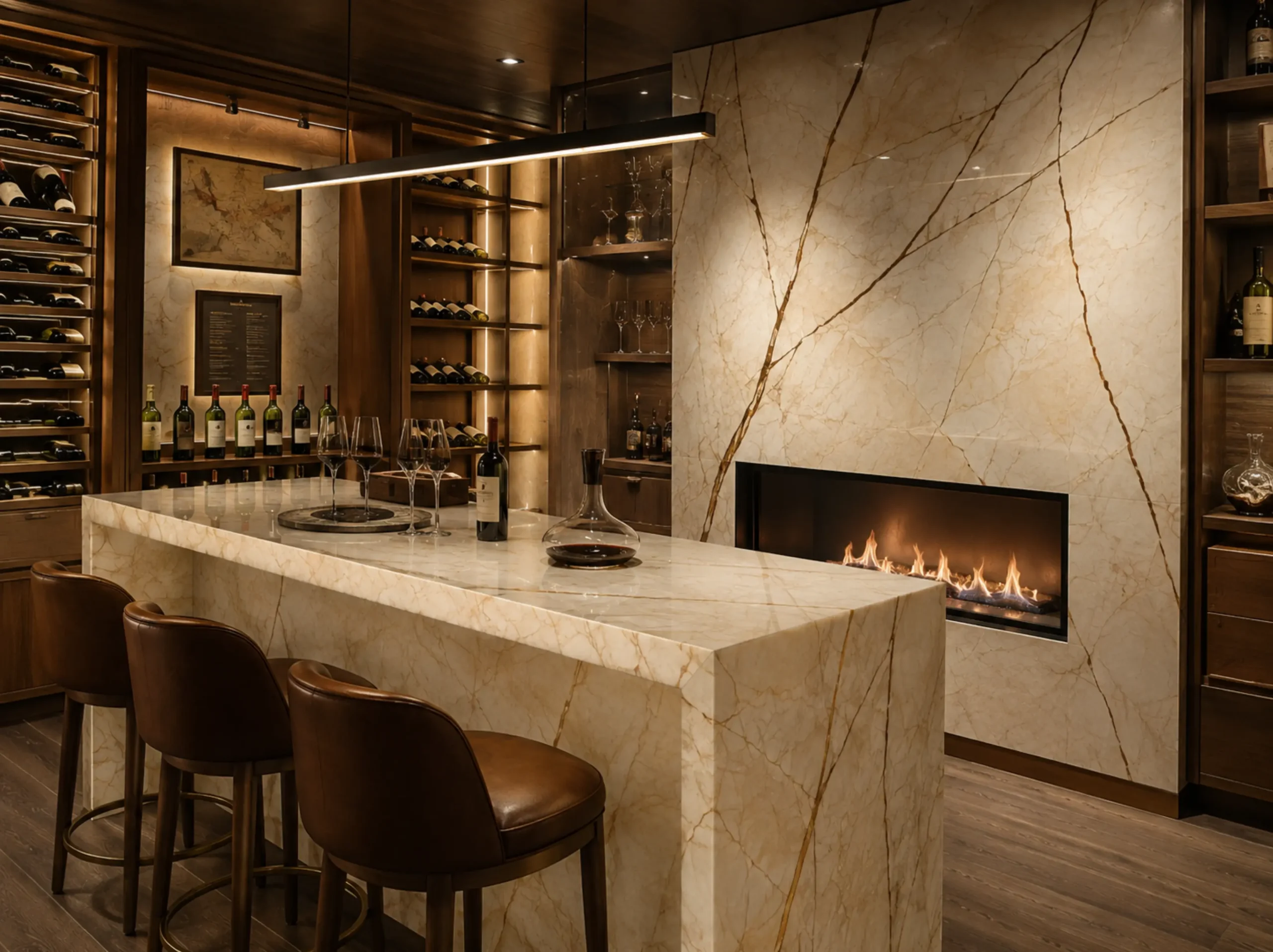 Sofitel Gold Marble wine bar fireplace island for a luxury interior project