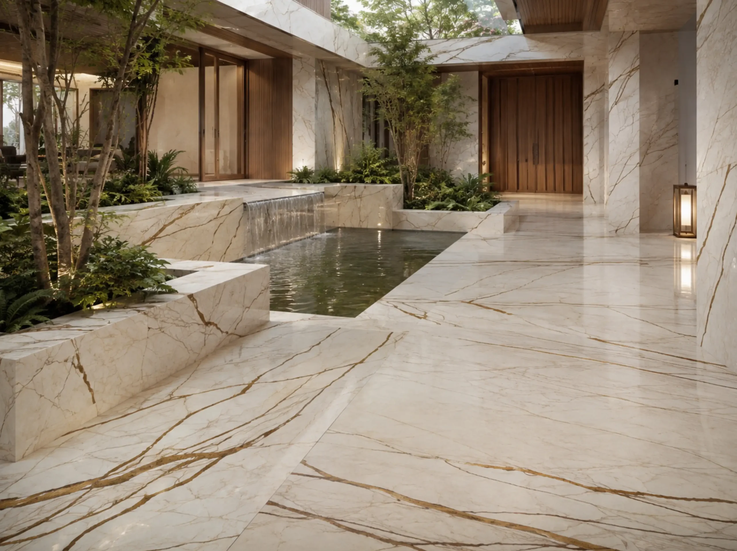 Sofitel Golden Marble courtyard flooring water feature for a luxury interior project