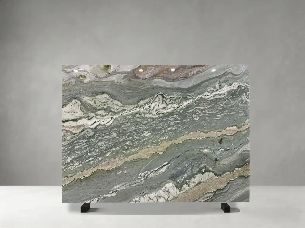 Tiffany Diamond Quartzite polished slab showing a distinctive sage-white surface with dramatic grey-green movement