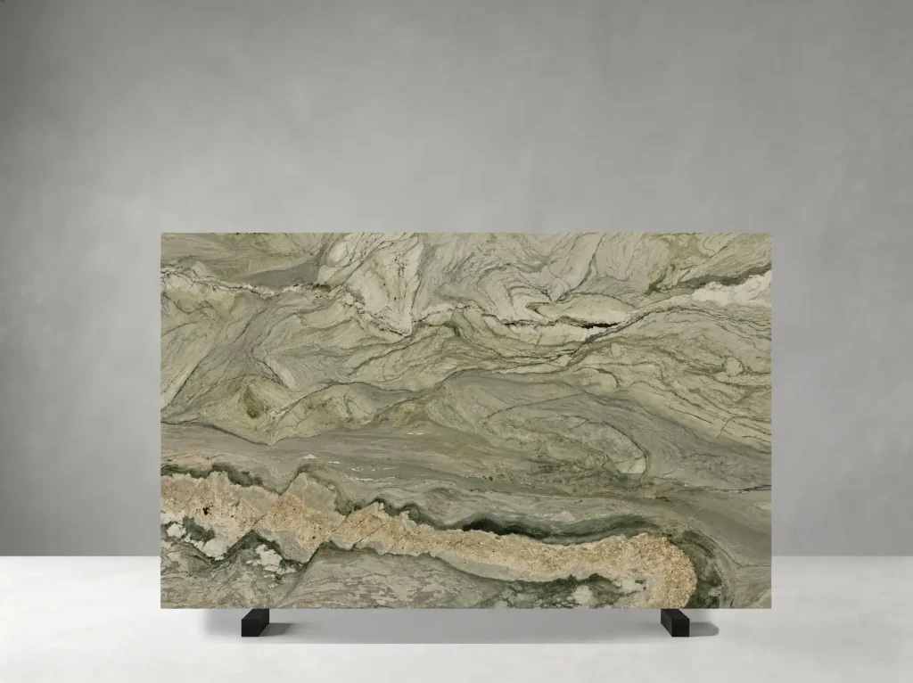 Tiffany Quartzite polished slab showing a soft sage-grey field with elegant cream mineral movement
