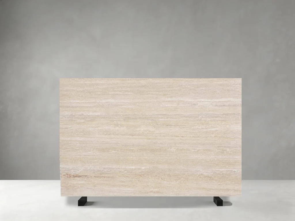Travertino Navona slab 01 showing warm ivory-beige tones with elegant natural movement and refined surface character