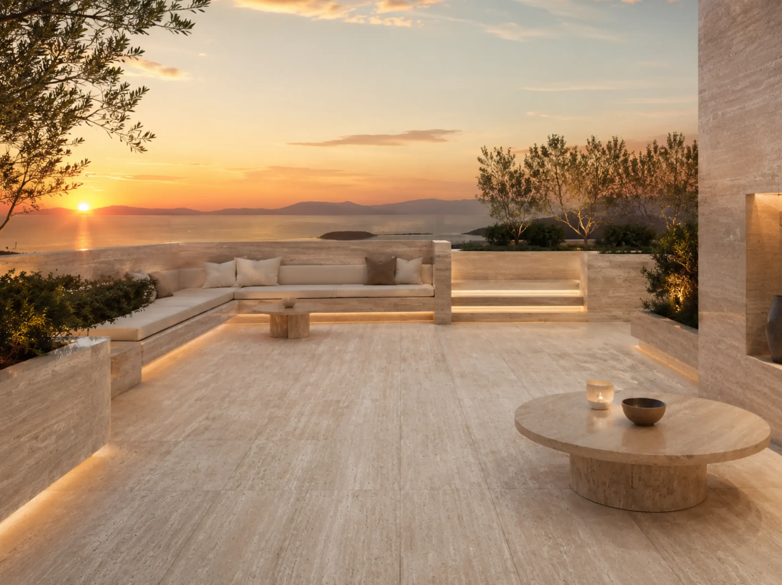 Travertino Navone used for outdoor terrace seating area