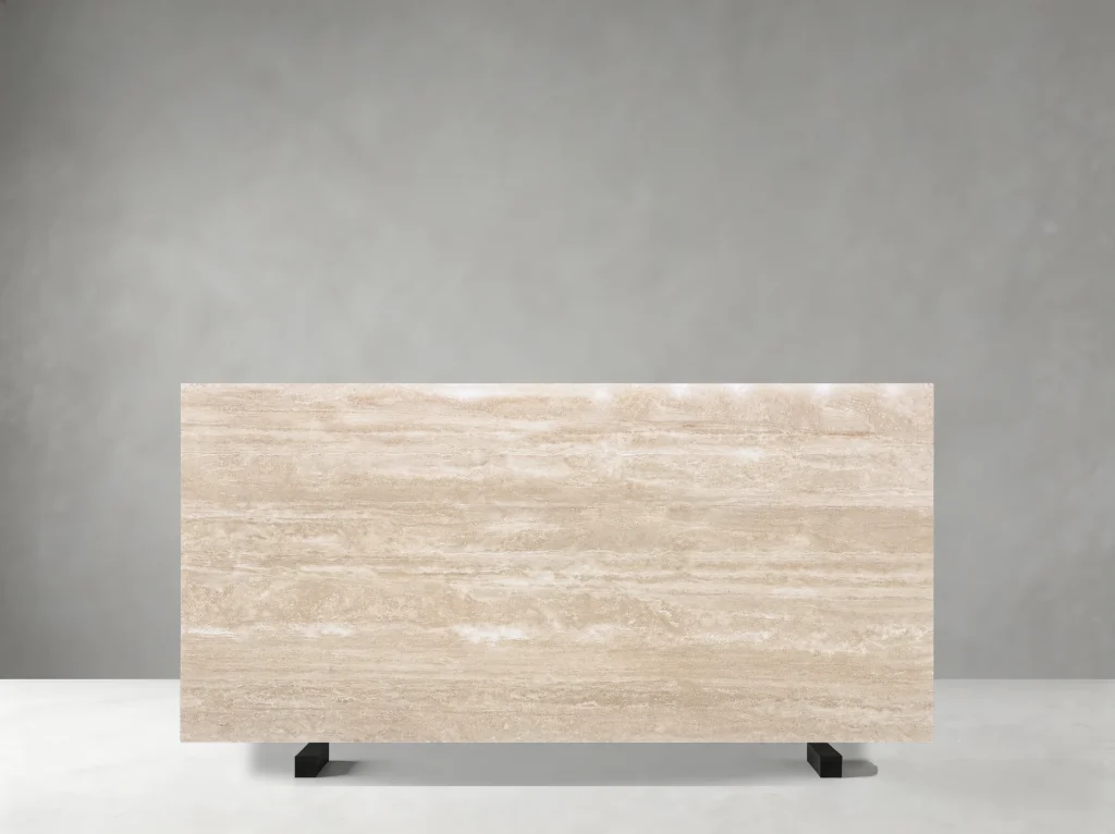 Travertino Navone slab 01 showing warm ivory-beige tones with elegant natural movement and refined surface character
