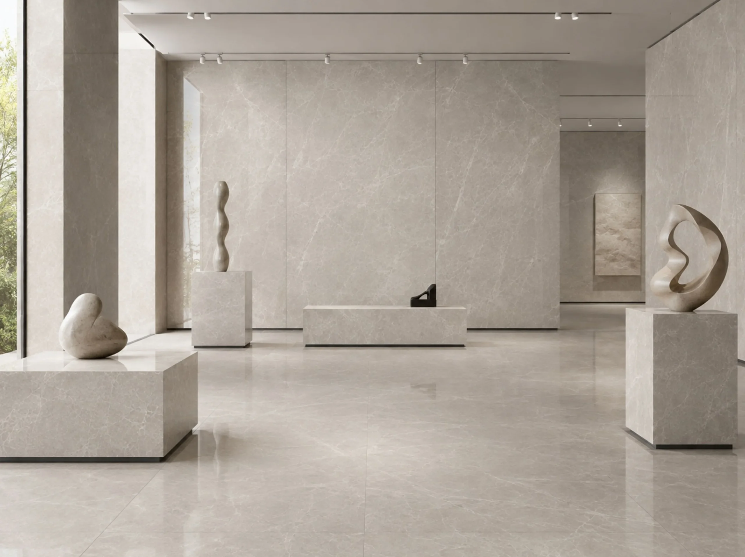 Tundra Grey Marble used for art gallery wall and display pedestals