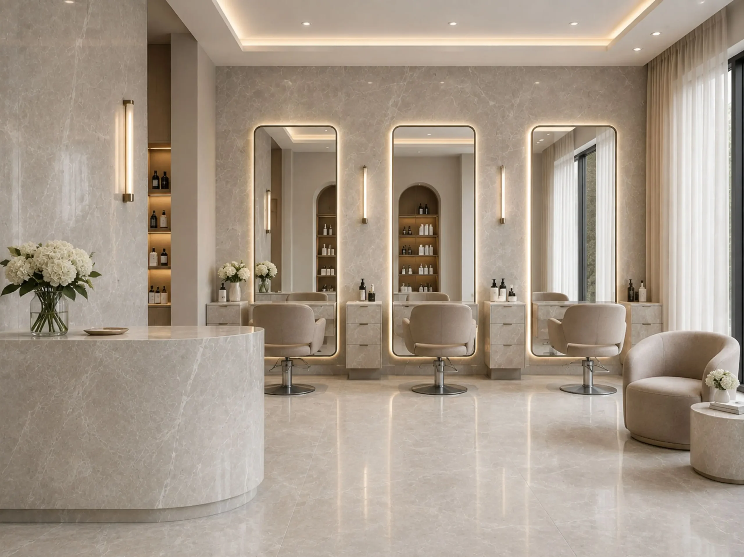 Tundra Grey Marble used for beauty salon vanity wall and counter