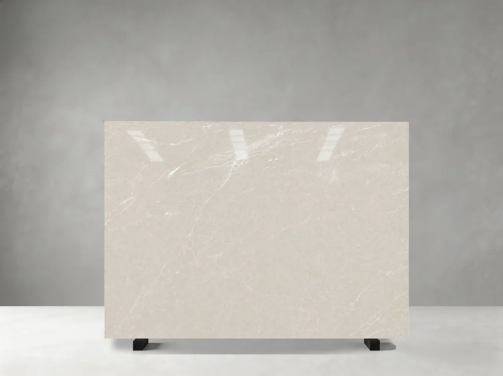 Turcamar Bai Yulan Marble full slab showing pale cream-beige and warm ivory tones with soft clouding with fine ivory veins and restrained crystalline movement