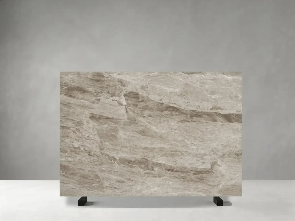 Turkish Daino Marble polished slab with beige grey field and sweeping cloudy cream layers