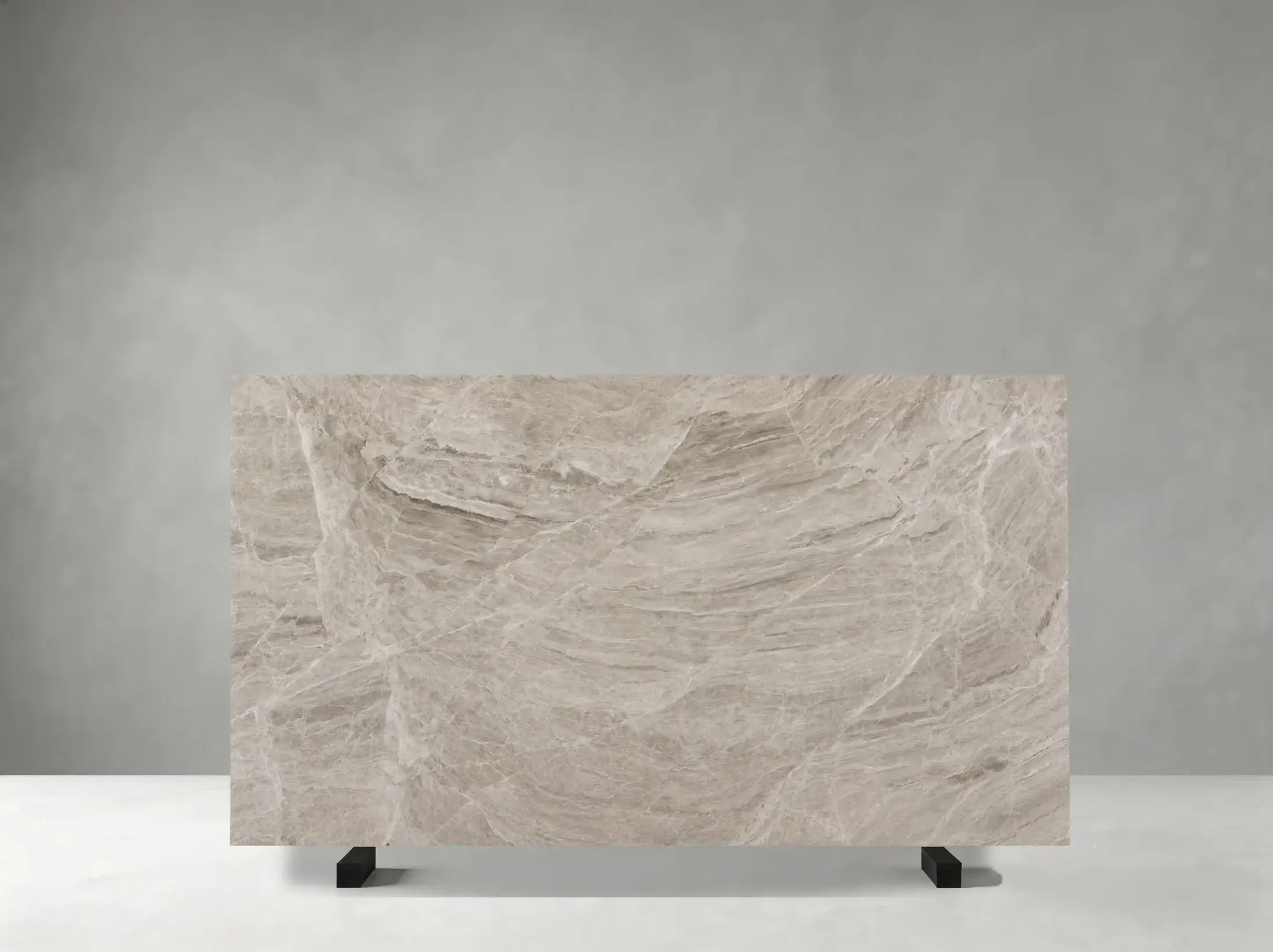 Turkish Daino Marble polished slab with silver grey bands and broad directional mineral movement