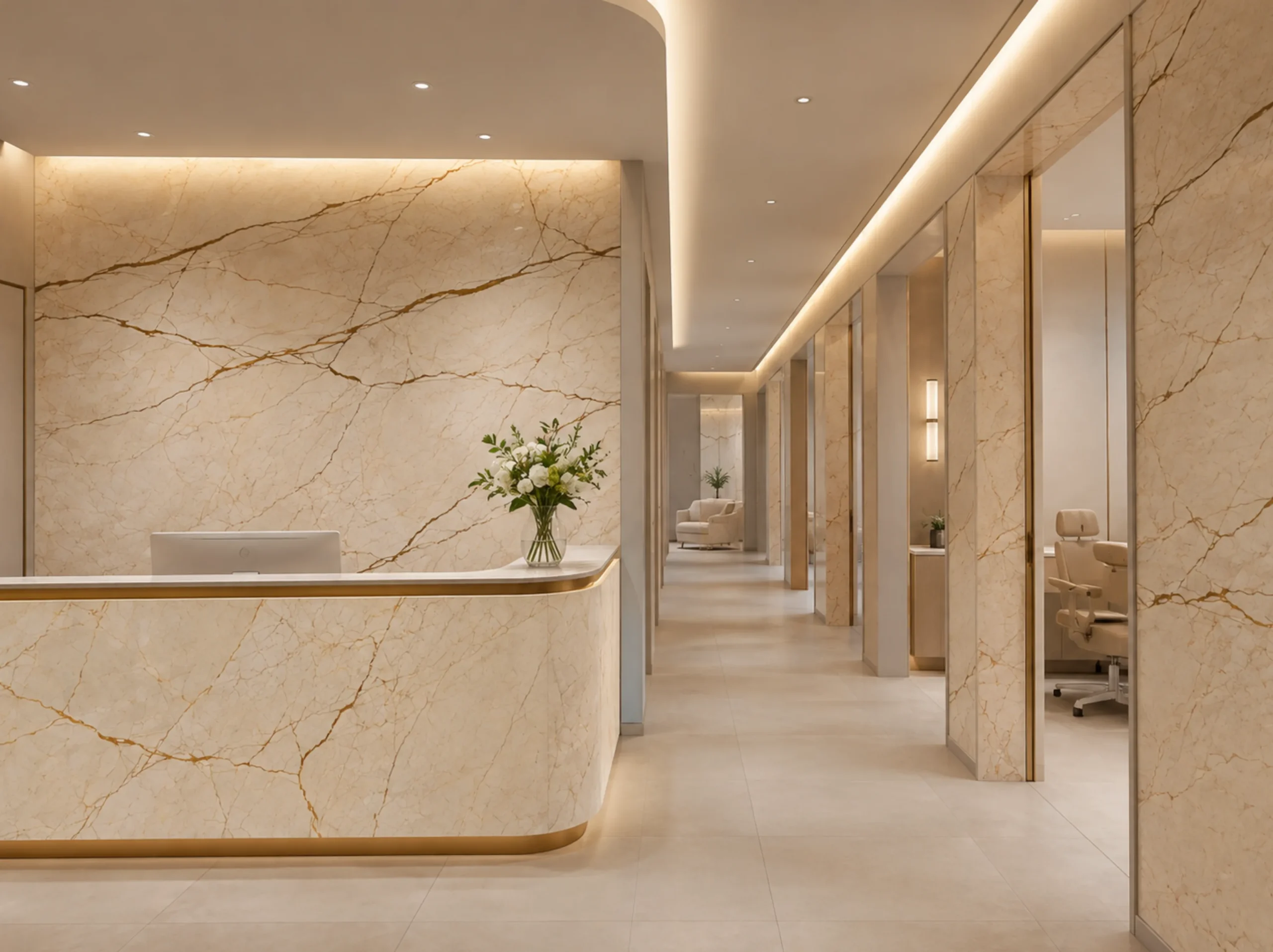 Turkish Luna Pearl Marble luxury clinic reception corridor with refined stone surfaces