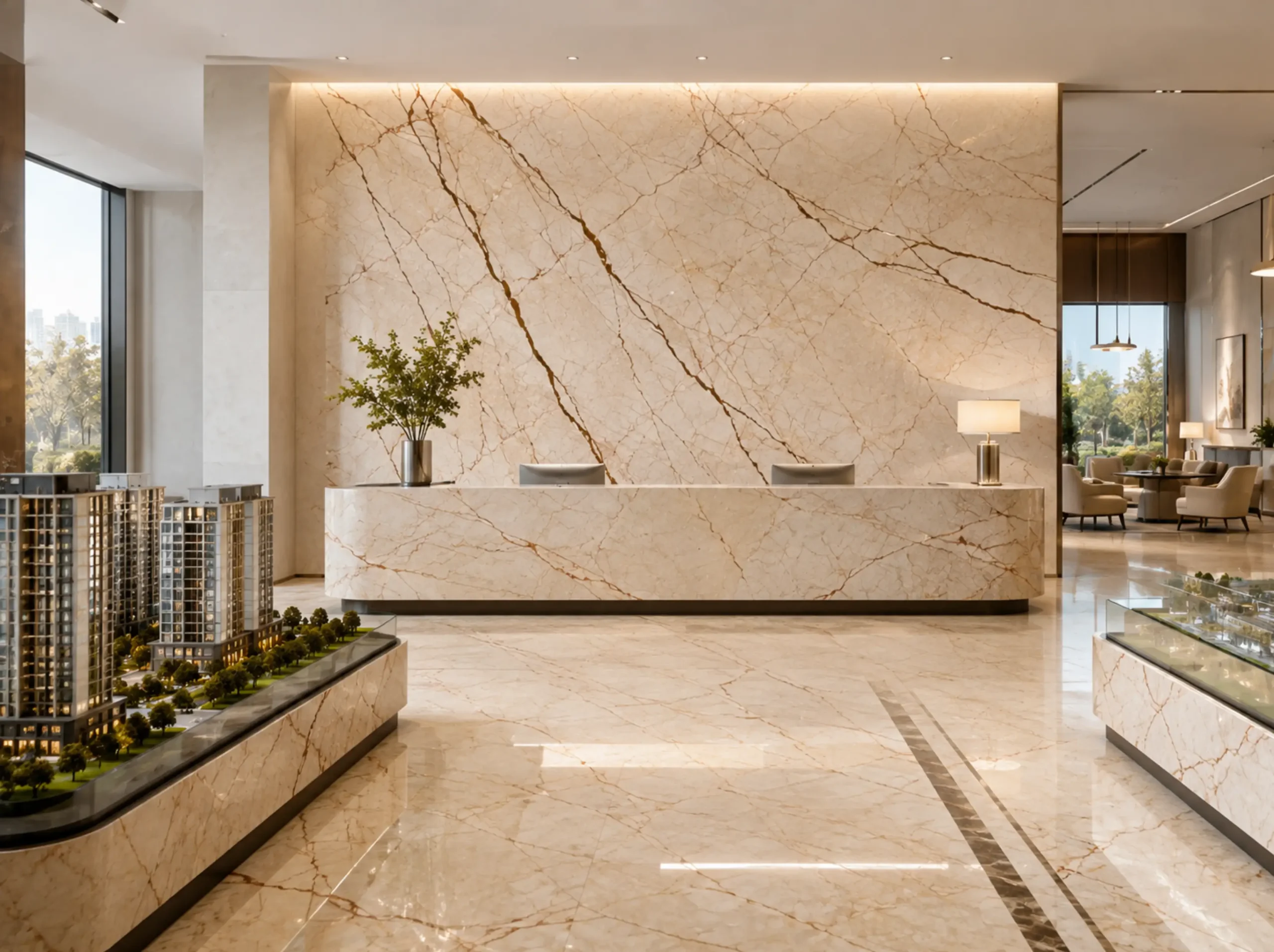 Turkish Luna Pearl Marble reception area in a premium property sales center