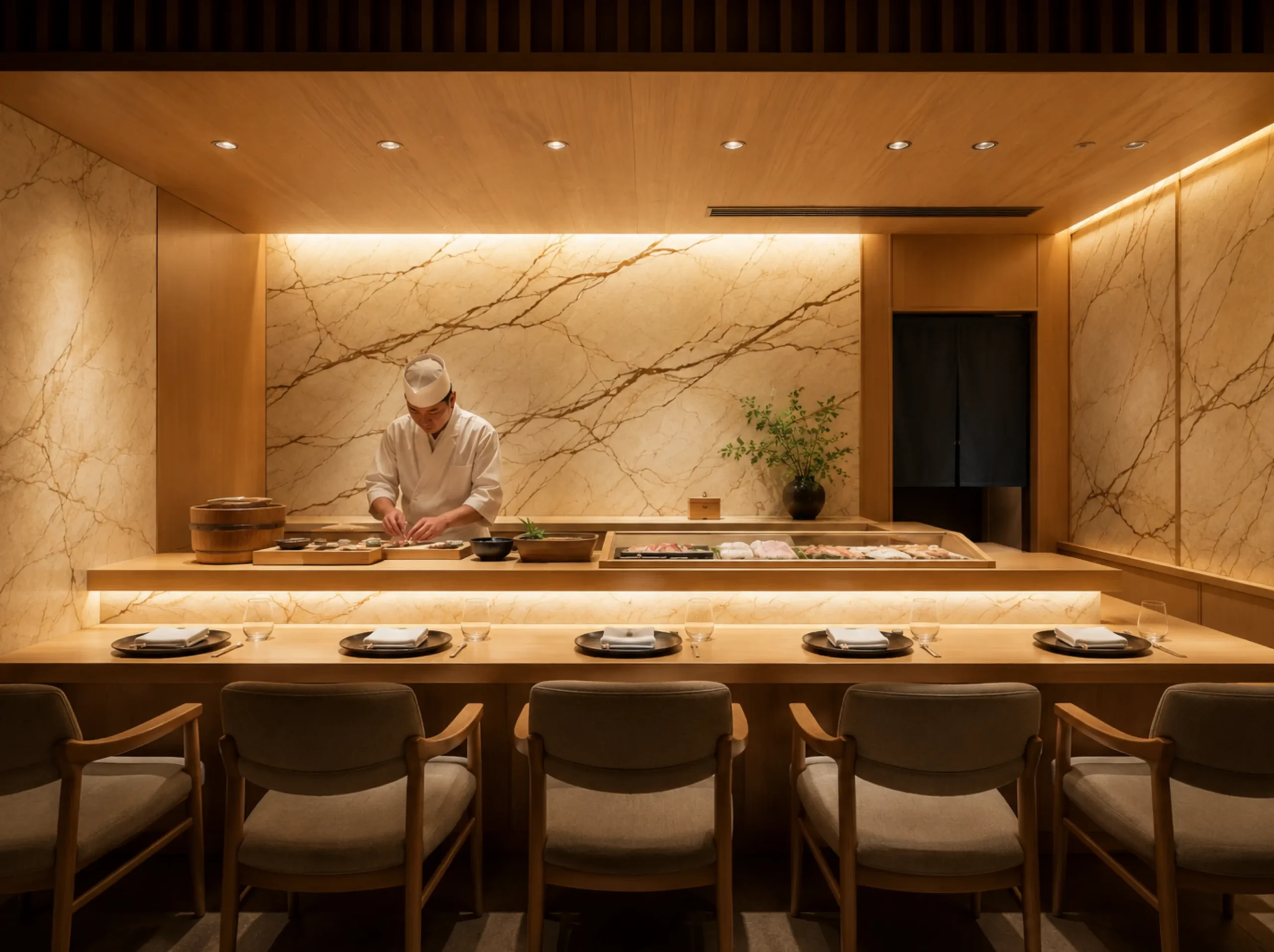 Turkish Luna Pearl Marble sushi bar feature wall in a refined hospitality interior