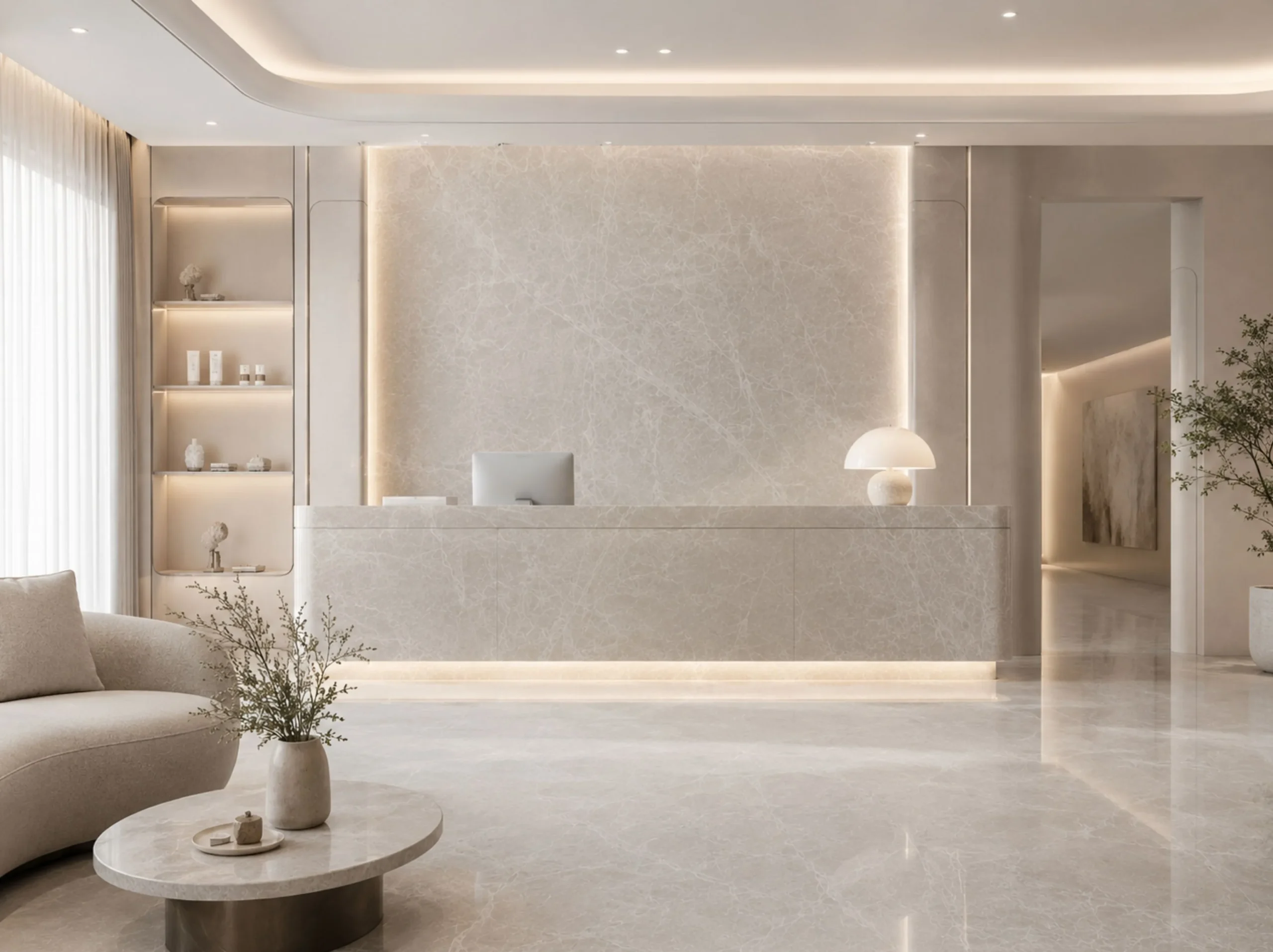Turkish Nordic Grey Marble used for reception desk feature wall and floor
