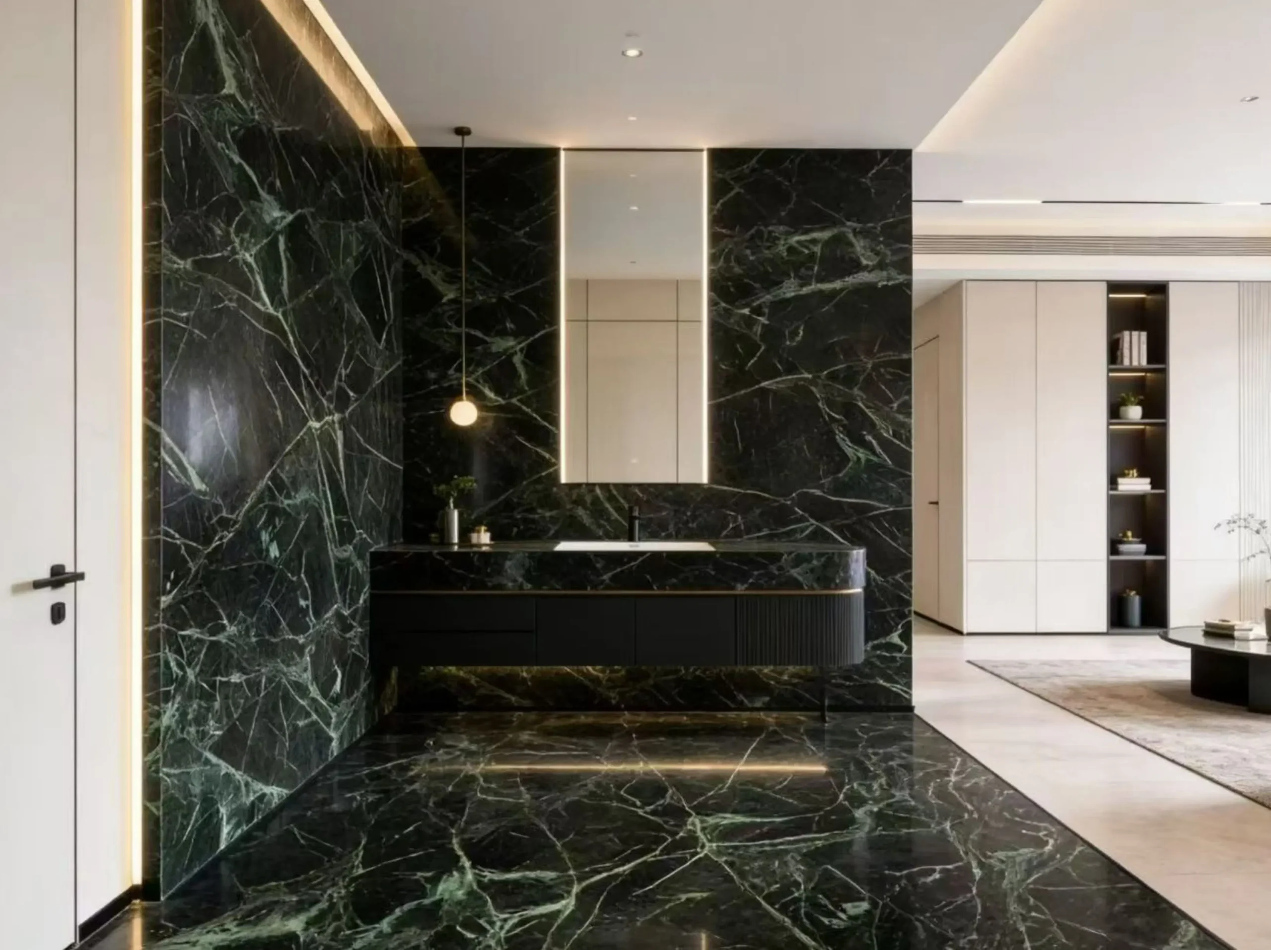 Verde Alpi Marble bathroom vanity wall and floor application