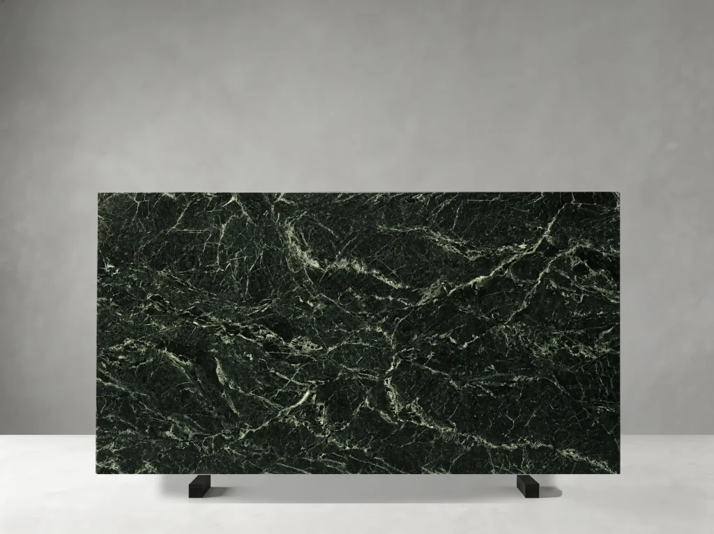 Verde Alpi Marble polished slab 01 showing fine intersecting veins with layered natural movement