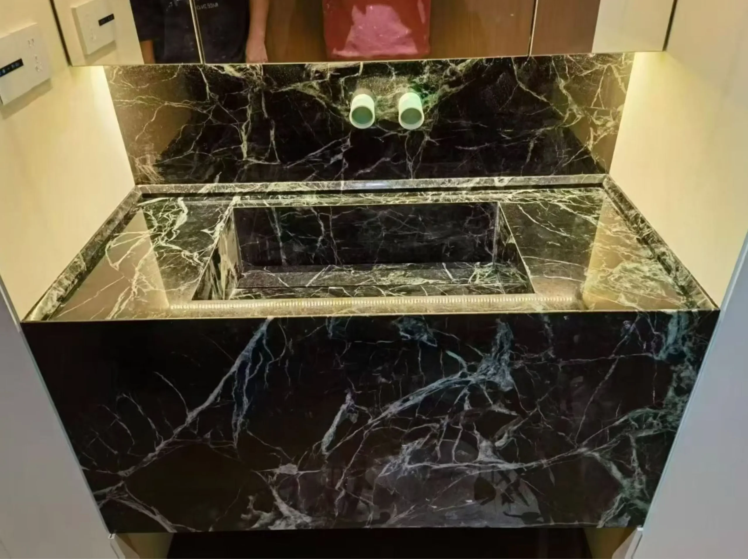Verde Alpi Marble vanity top backsplash and integrated sink application