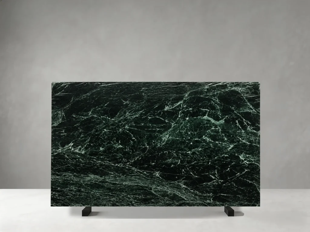 Verde Alpi Scuro Marble polished slab 01 showing dense branching veins and expressive natural fractures