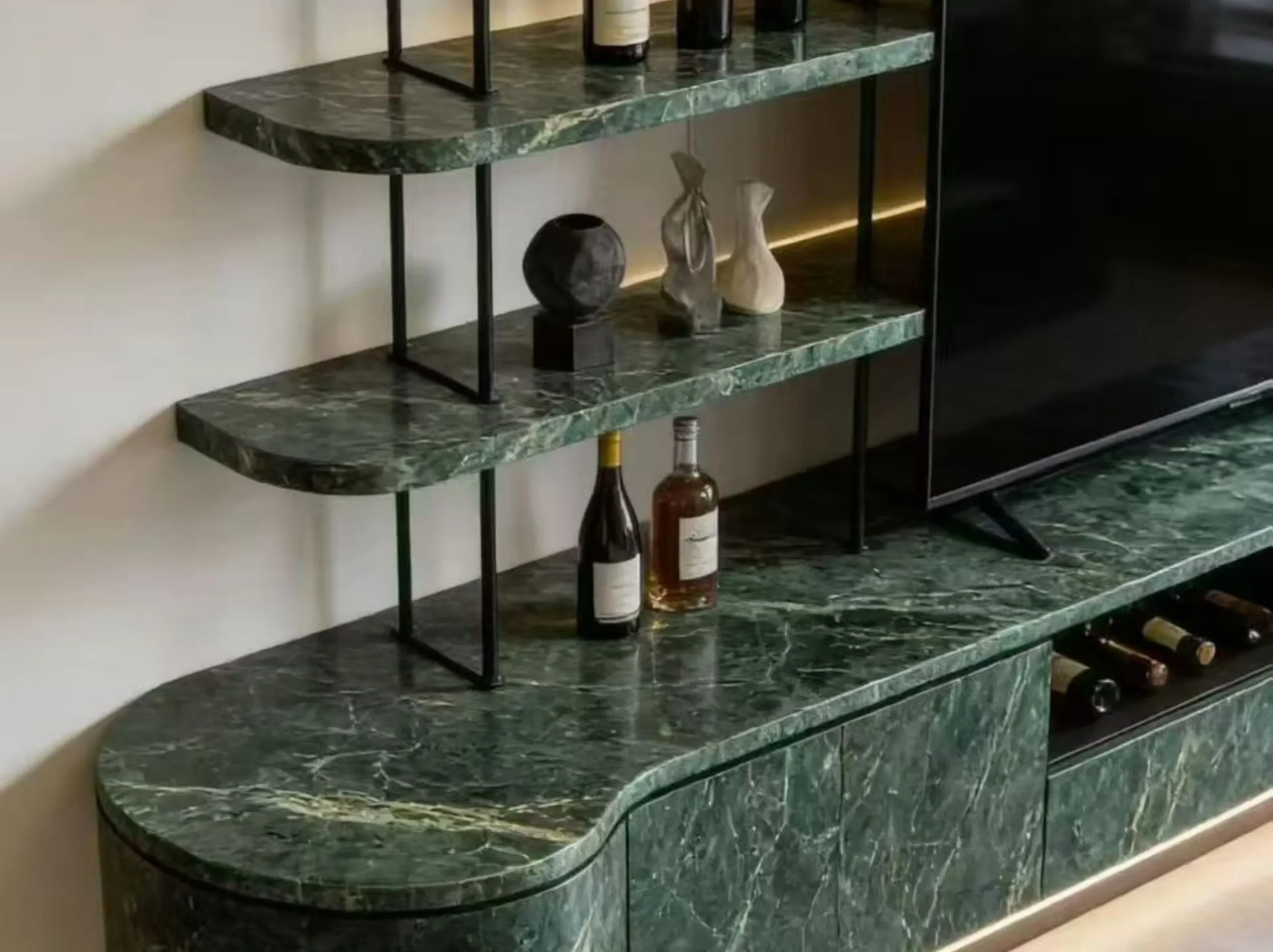 Verde Alpi Scuro Marble tv console and display shelves application
