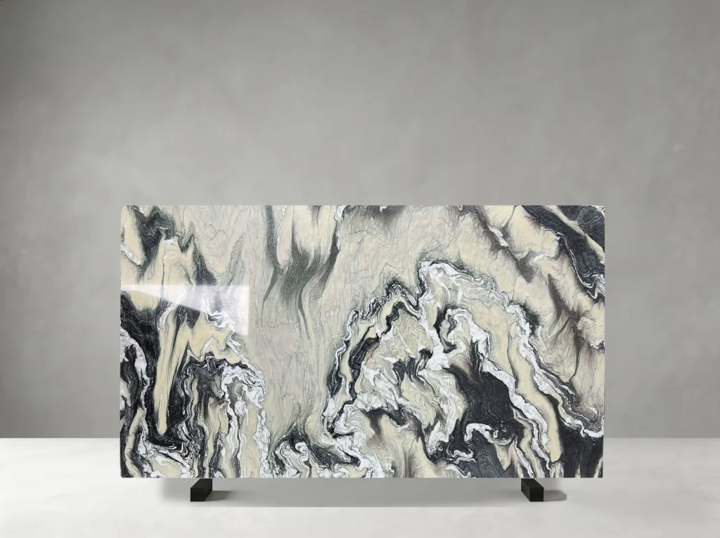 Verde Boana Marble slab with deep forest green, olive and grey tones with contrasting white natural veins