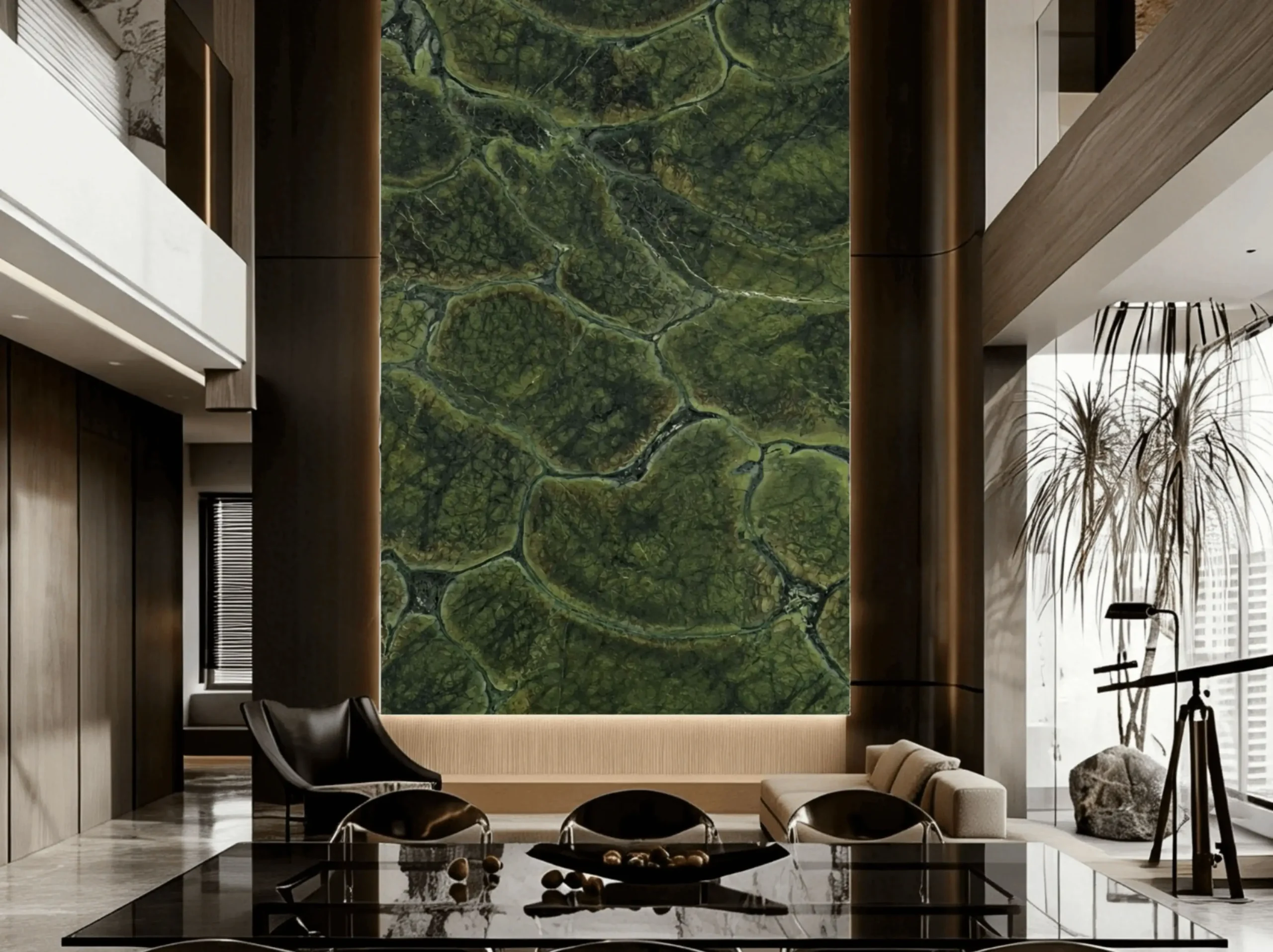 Vitoria Regia Green Quartzite double height living room feature wall application