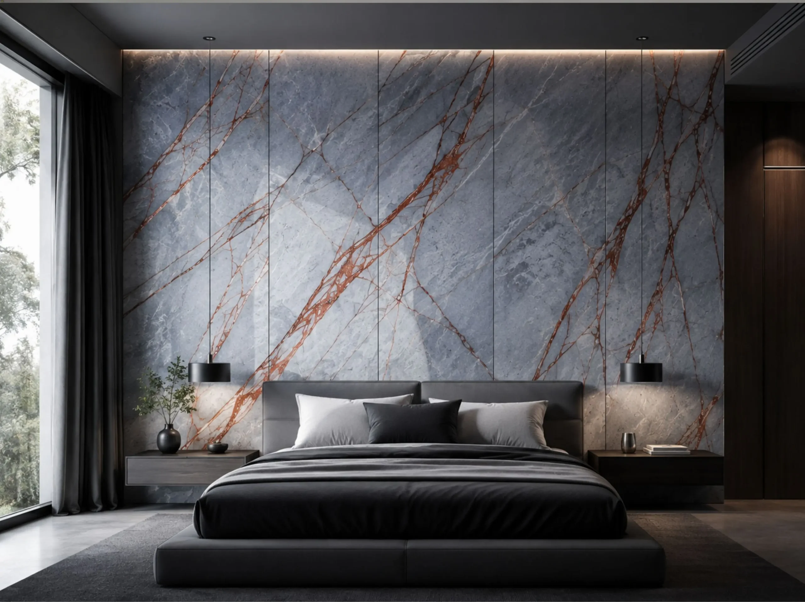 Winter River Marble bedroom feature wall for a luxury interior project