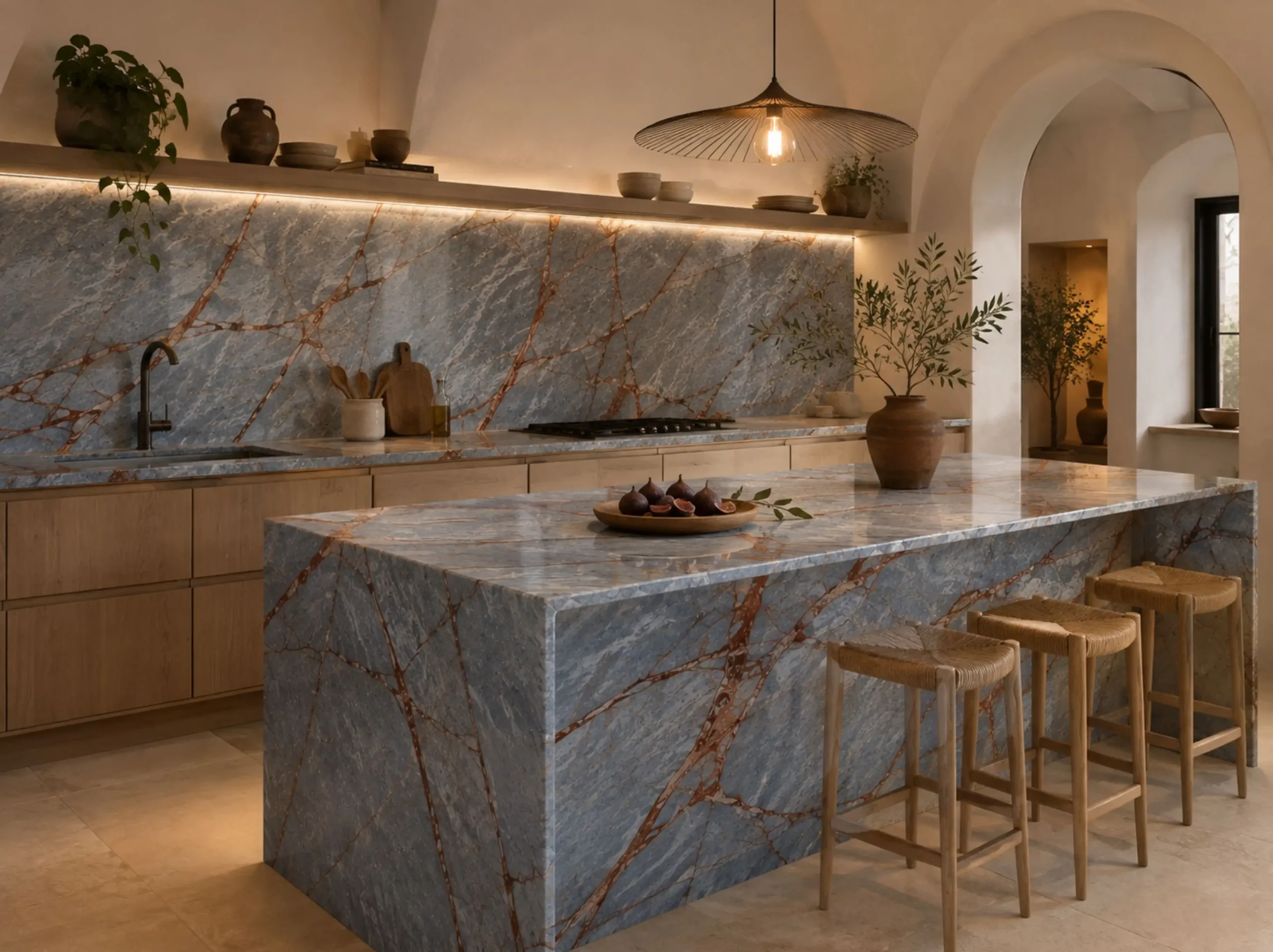 Winter River Marble kitchen island and backsplash for a luxury interior project