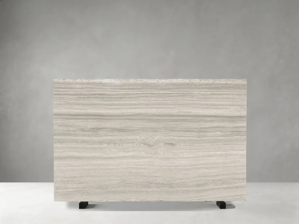 Wooden White Marble full slab showing white, pale grey and light greige tones with continuous horizontal wood-like bands with fine parallel mineral lines