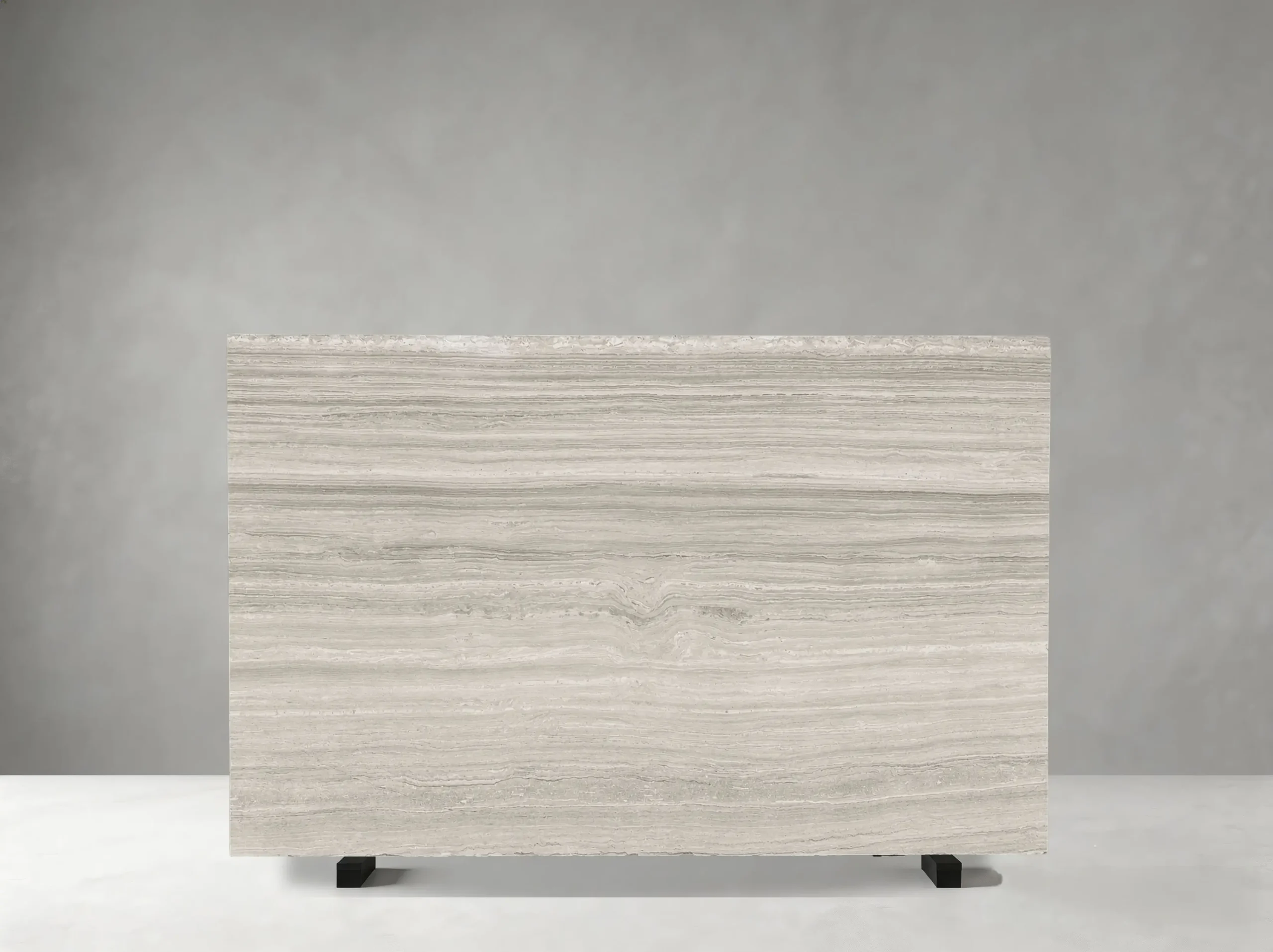 Wooden White Marble full slab with white, pale grey and light greige tones and continuous horizontal wood-like bands with fine parallel mineral lines